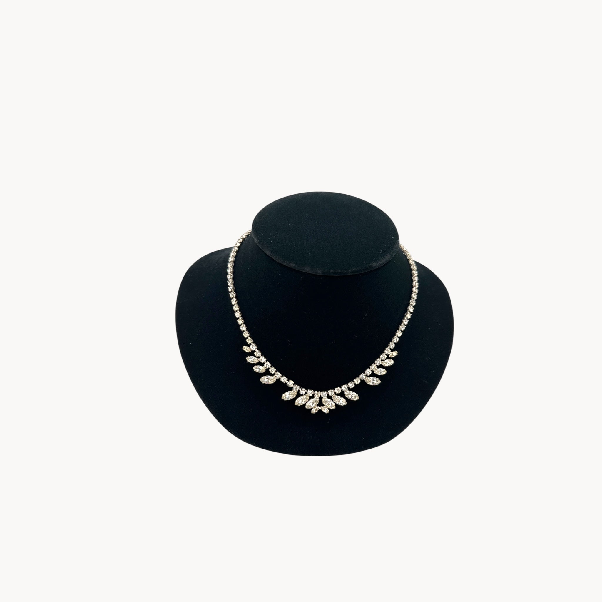 1950s B. David rhinestone necklace with round and marquise stones in garland design, vintage bridal jewelry.
