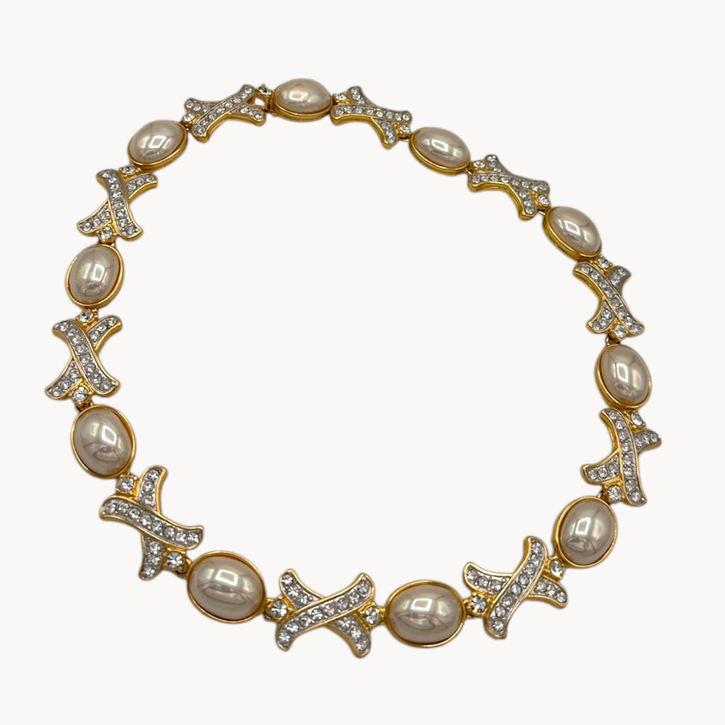 Nolan Miller Hugs and Kisses Gold Paved Rhinestone and Pearl Necklace