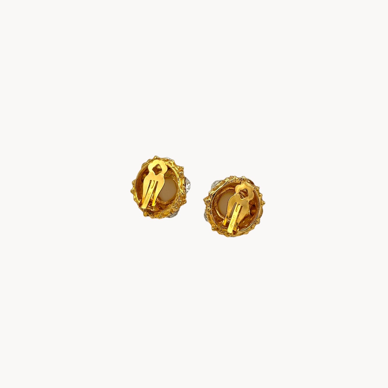 Back view of Vintage Blanca pearl and rhinestone gold-tone clip-on earrings.