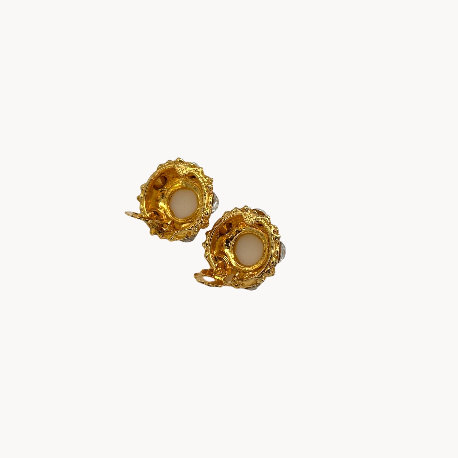Back view with clips up of Vintage Blanca pearl and rhinestone gold-tone clip-on earrings.
