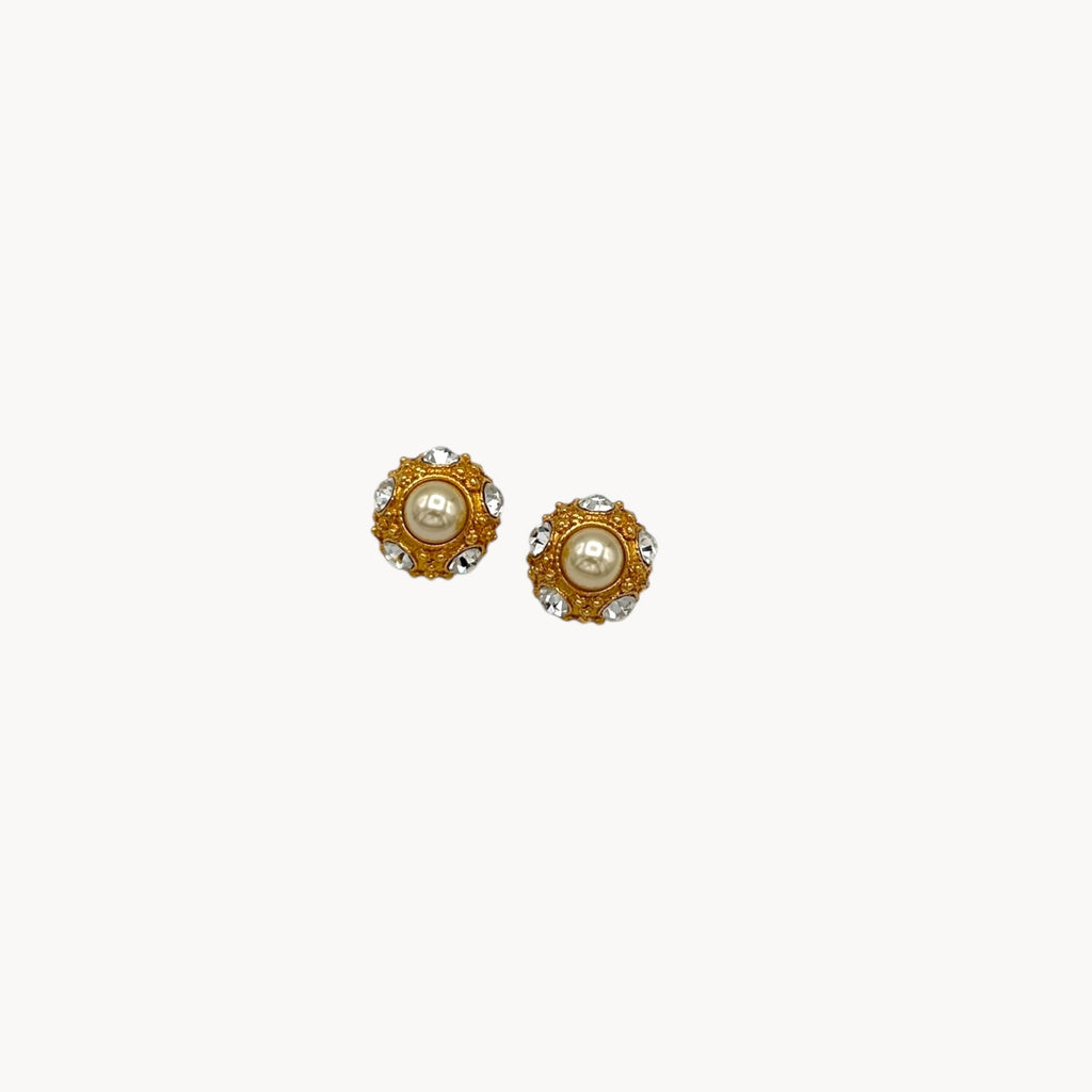 Front view of Vintage Blanca pearl and rhinestone gold-tone clip-on earrings.