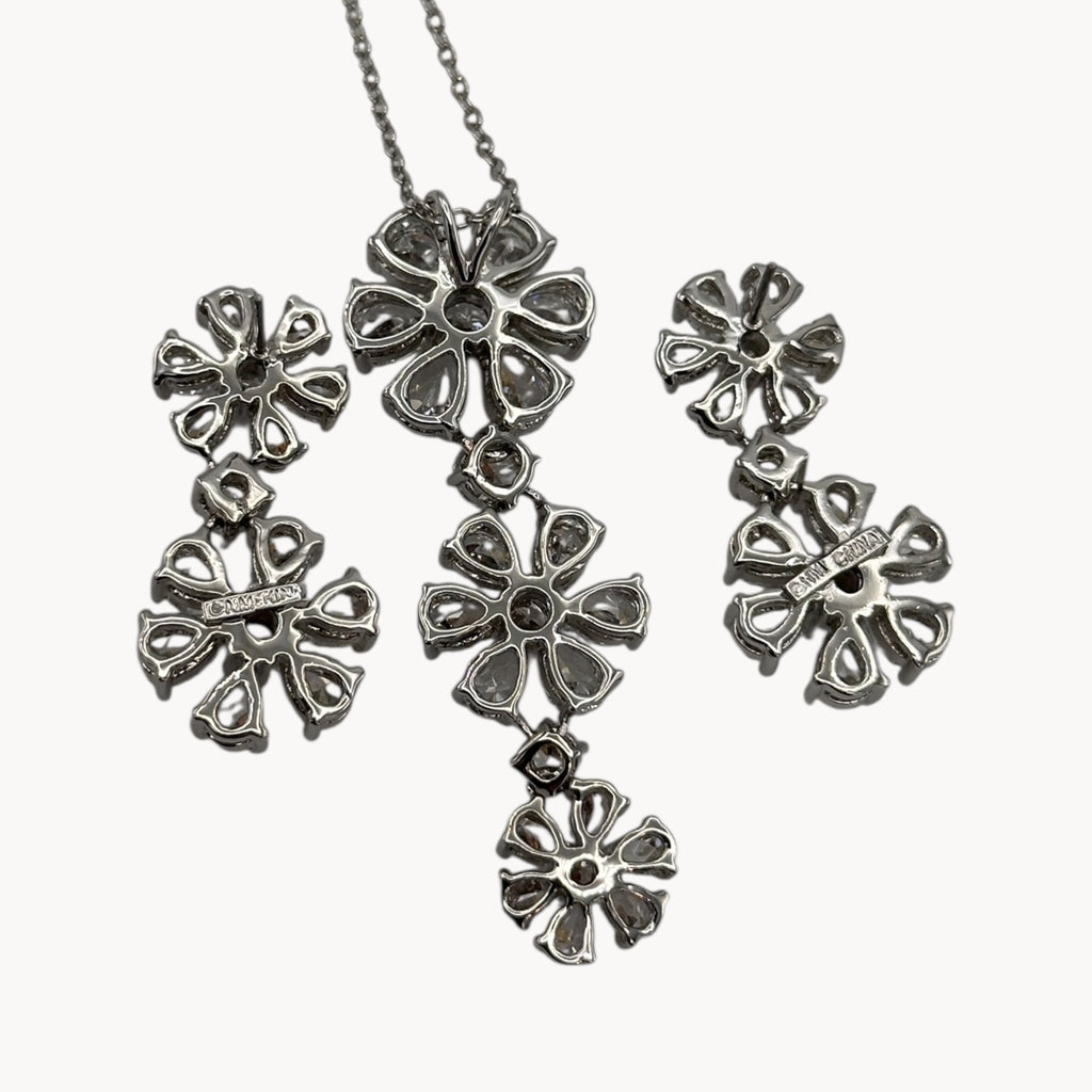 Nolan Miller Clear Crystal Flower Necklace and Pierced Earring Jewelry Set in Original Box