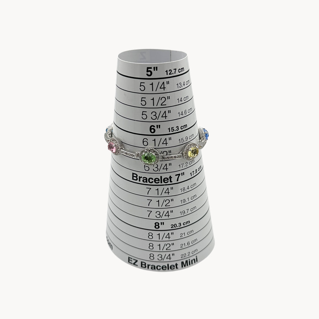 On sizer view of Camrose and Kross Jacqueline Kennedy JBK replica bracelet with multicolor stones and crystal accents