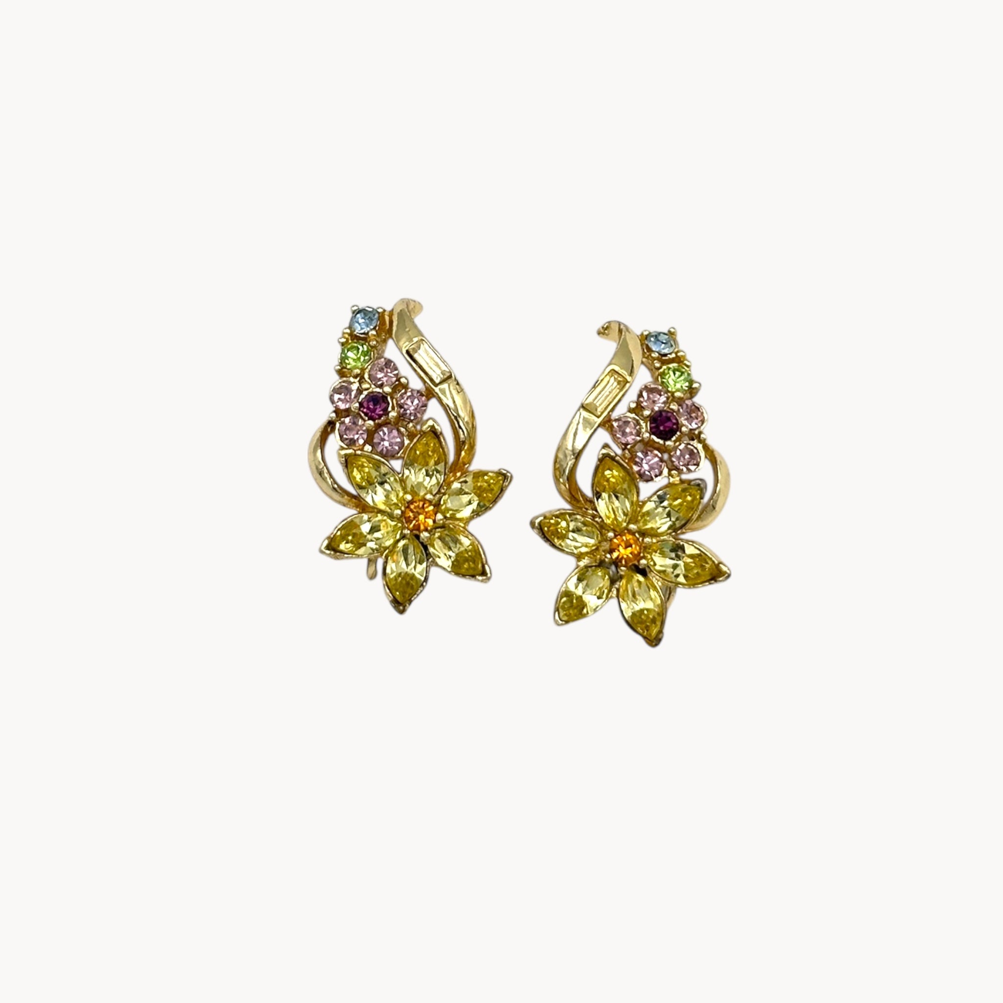 Close up of earrings of Vintage Coro multi-color rhinestone necklace and clip-on earring set with floral design