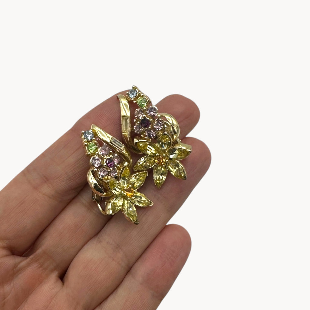 Scale size view of earrings of Vintage Coro multi-color rhinestone necklace and clip-on earring set with floral design