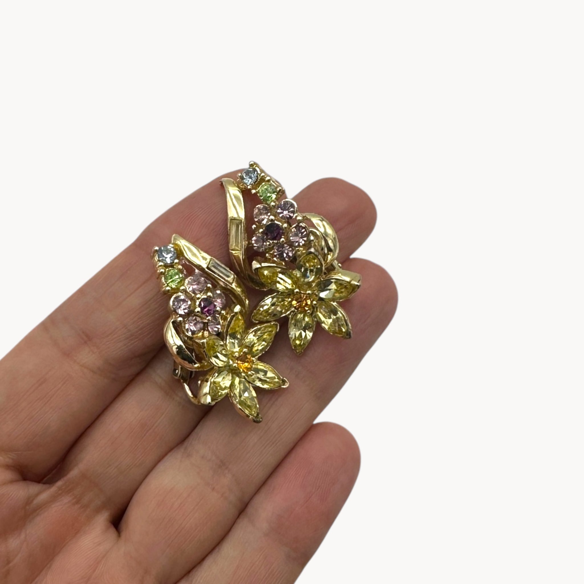 Scale size view of earrings of Vintage Coro multi-color rhinestone necklace and clip-on earring set with floral design