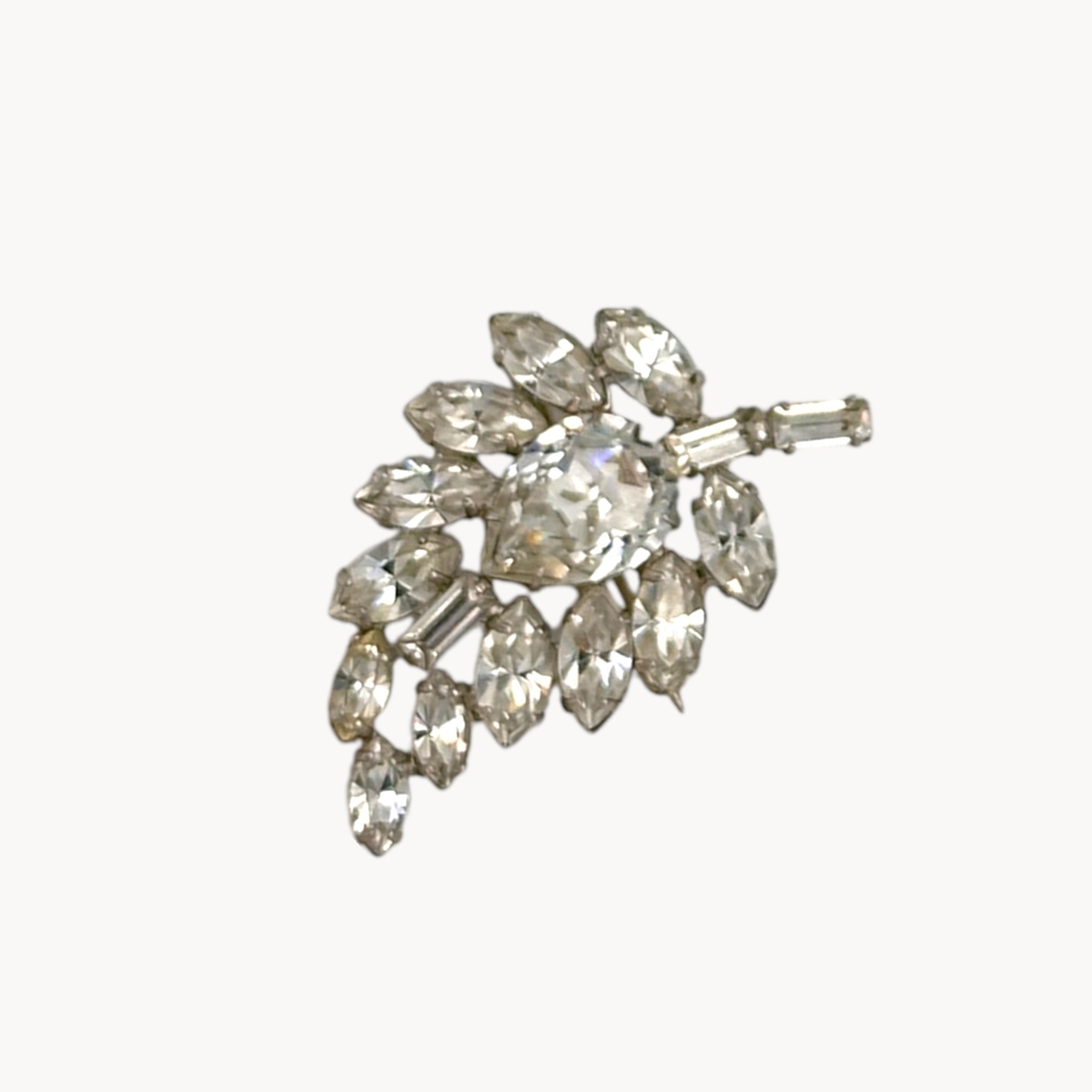 Mid-Century Rhinestone Leaf Floral Brooch