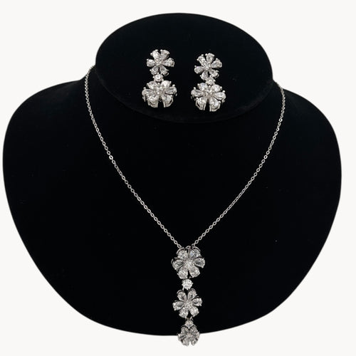 Nolan Miller Clear Crystal Flower Necklace and Pierced Earring Jewelry Set in Original Box