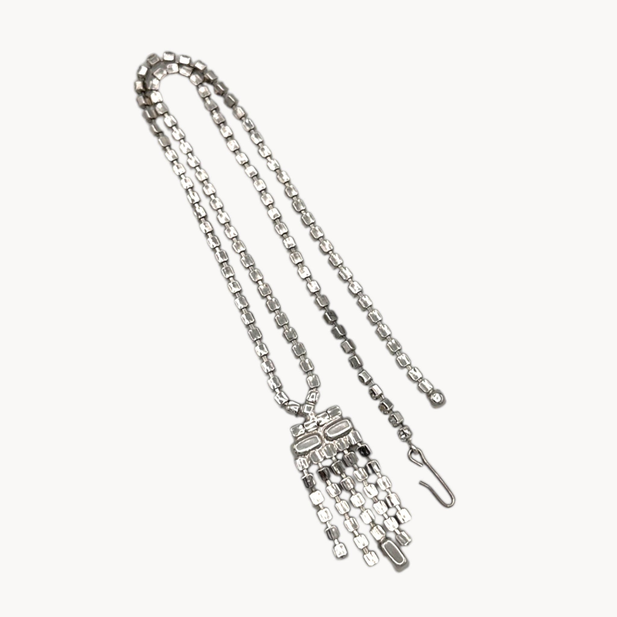 Vintage 1950s Clear Rhinestone Necklace with Art Deco Fringe Pendant