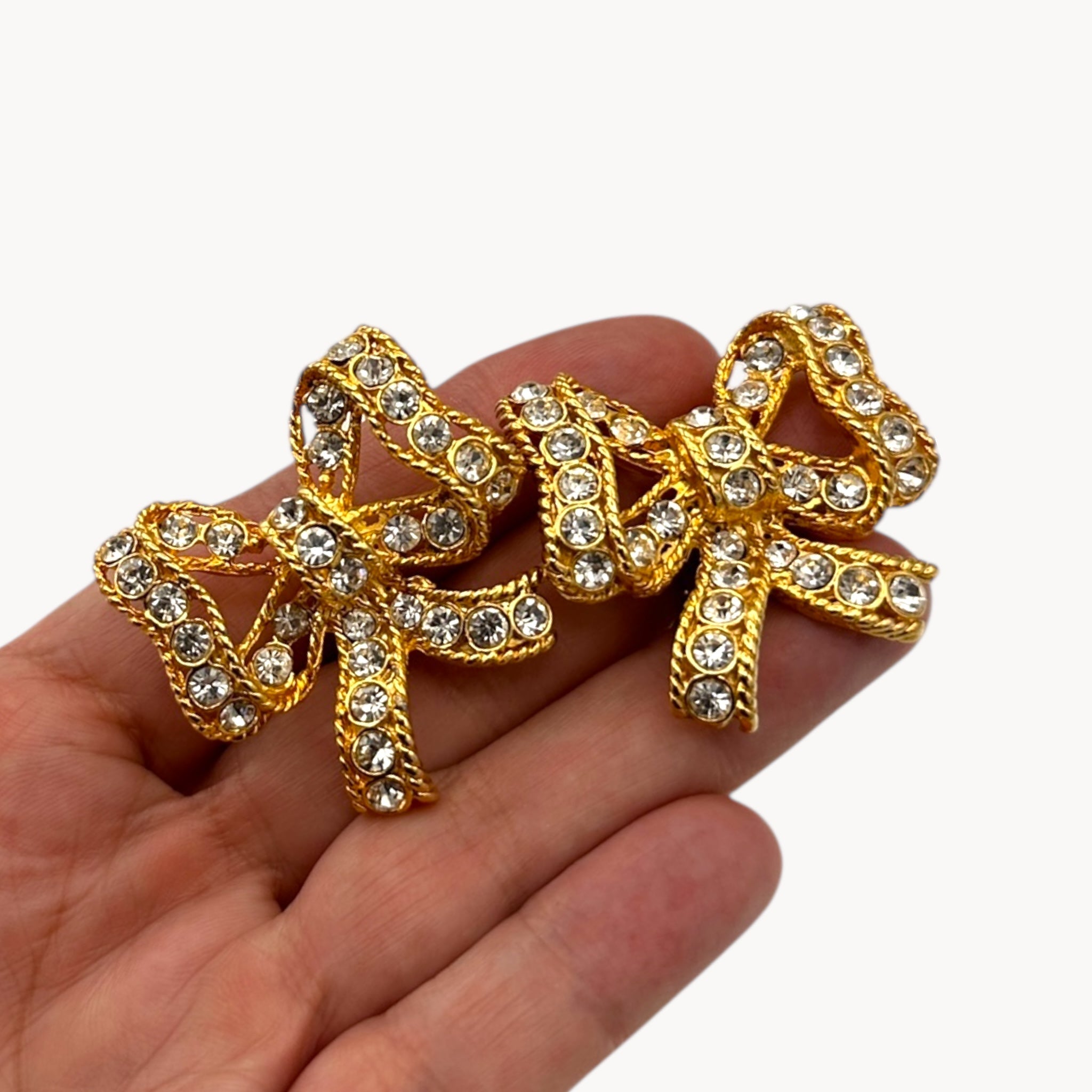 Vintage Blanca Gold Rhinestone Bow Statement Clip-On Earrings Blanca