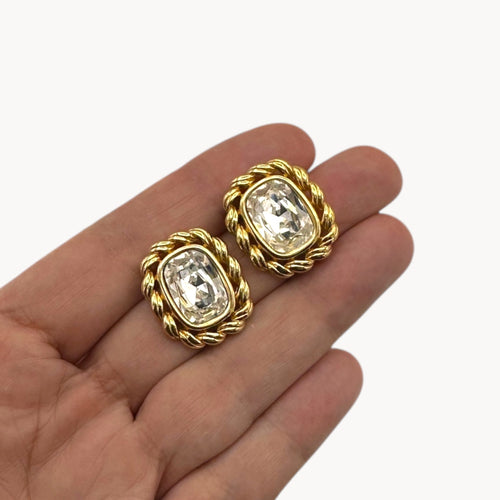 Vintage Swarovski Gold Framed Clear Crystal Pierced Earrings Swarovski