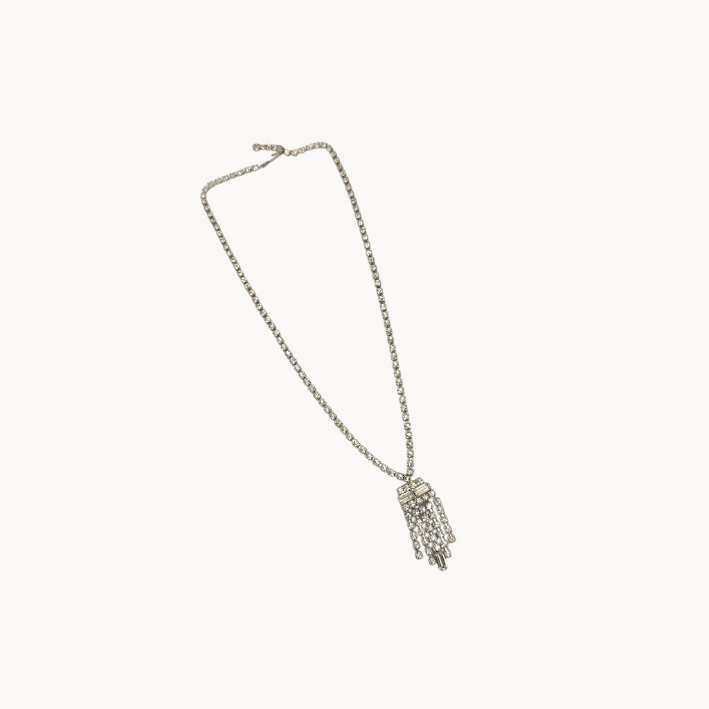 Vintage 1950s Clear Rhinestone Necklace with Art Deco Fringe Pendant