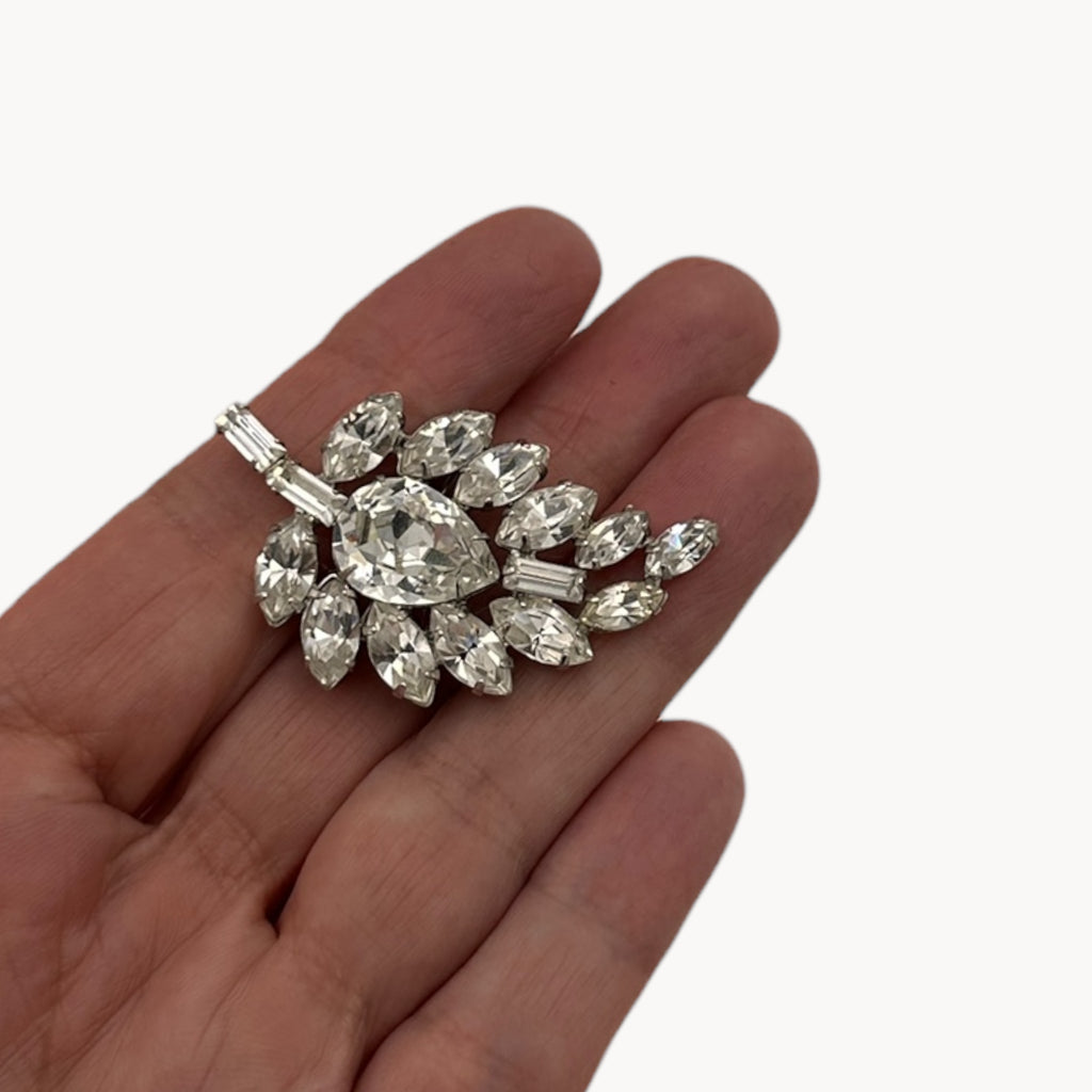 Mid-Century Rhinestone Leaf Floral Brooch