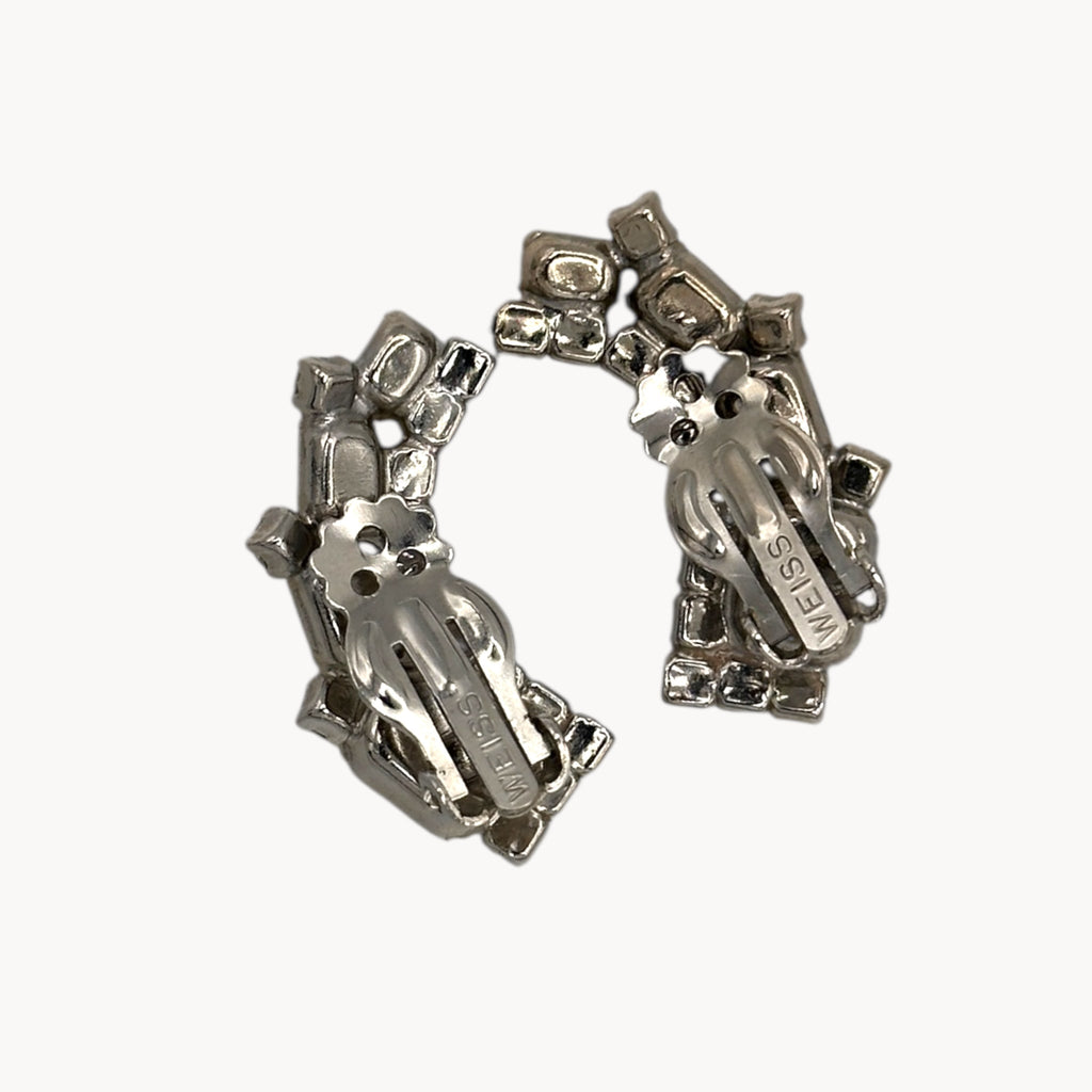 Vintage Weiss Rhinestone Crawler Clip-On Earrings Weiss