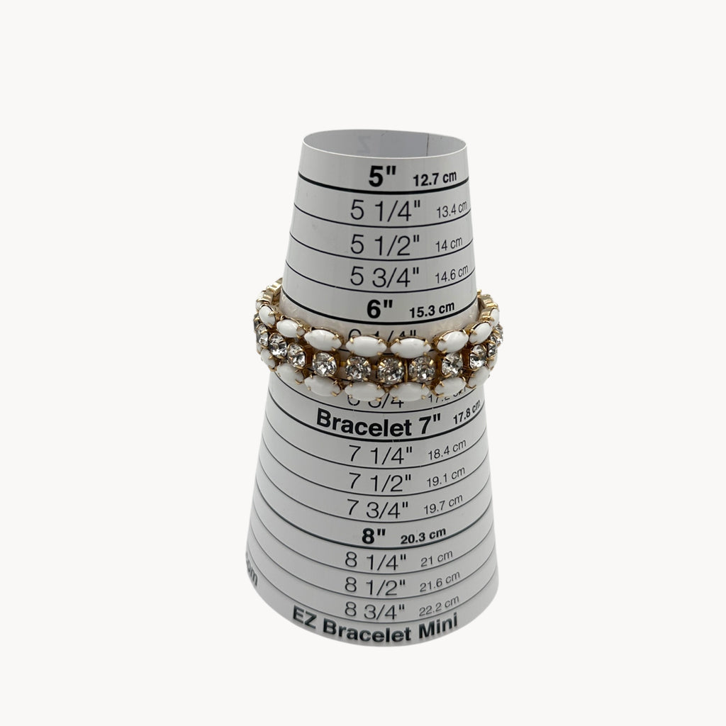 Size view of Mid-century Eisenberg bracelet with white milk glass and rhinestones, double-row design.
