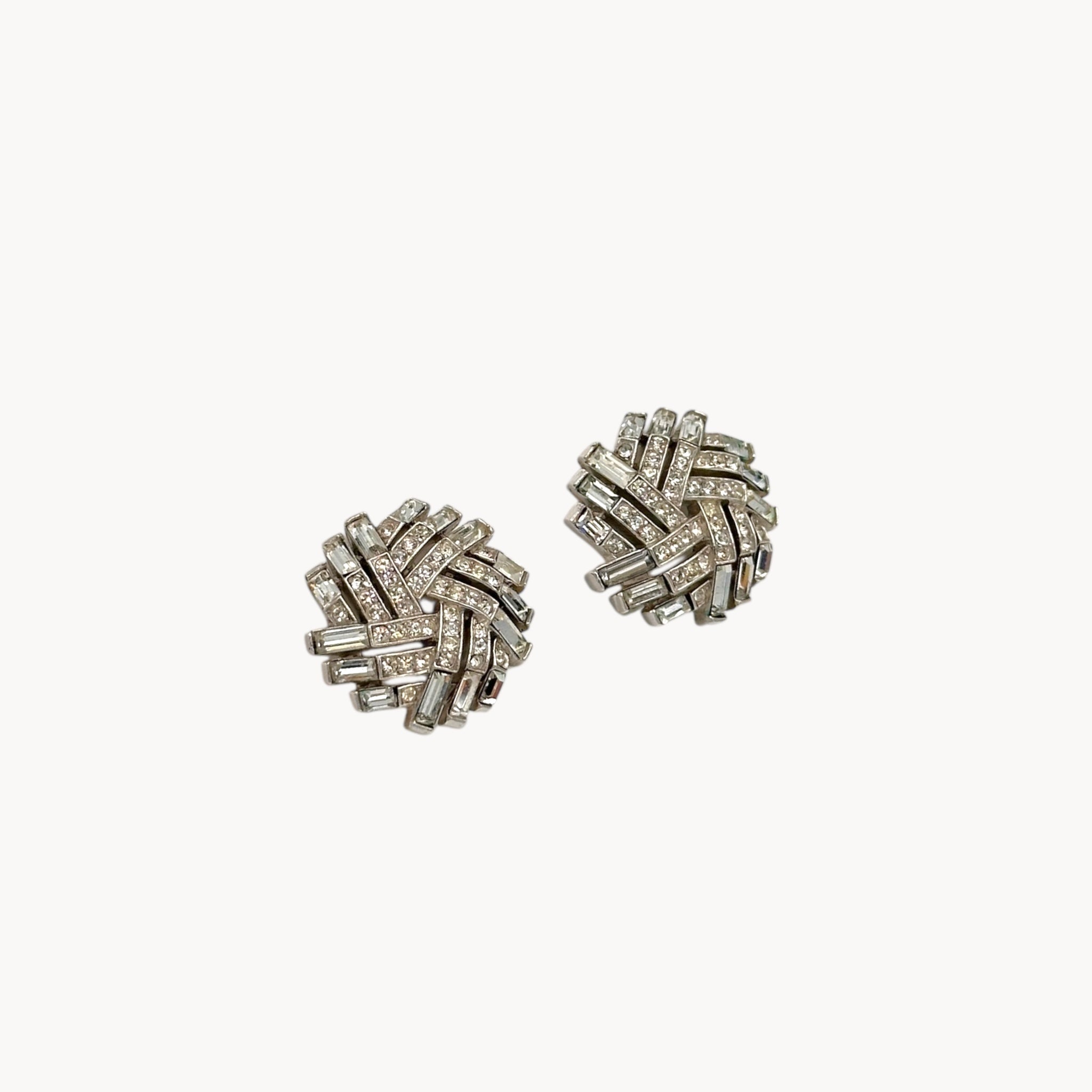 Vintage Trifari Rhinestone Basket Weave Huggie Clip-On Earrings Trifari