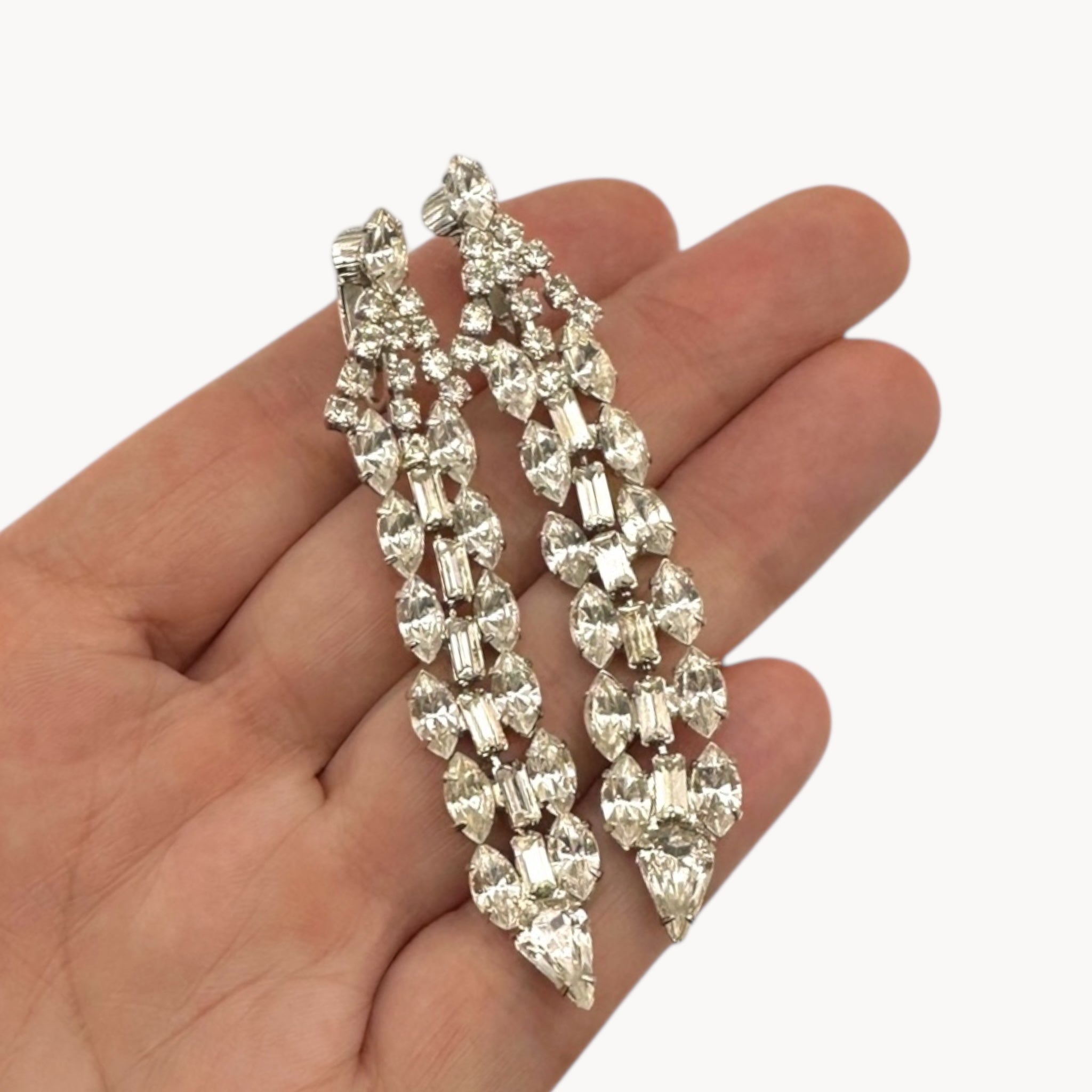 Vintage 1960s Silver Rhinestone Long Dangle Clip-On Earrings Unmarked