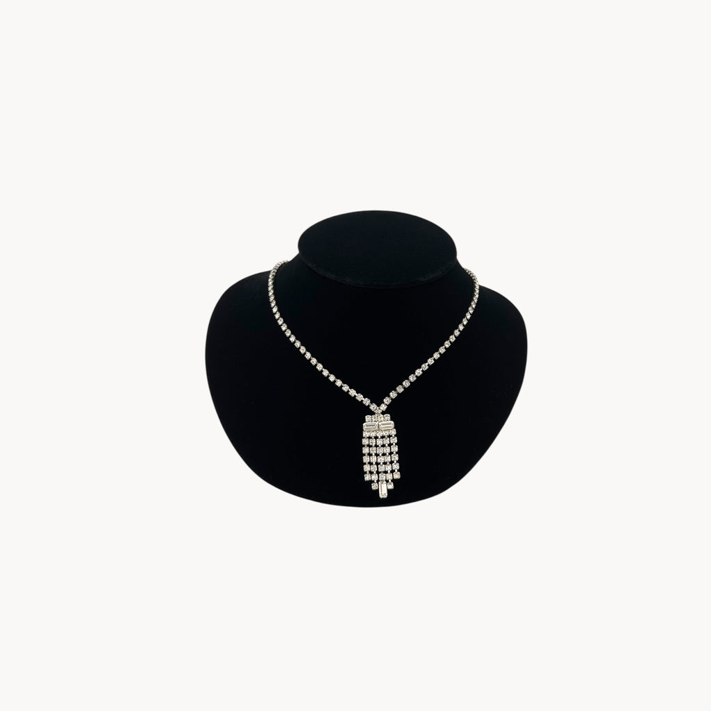 Vintage 1950s Clear Rhinestone Necklace with Art Deco Fringe Pendant
