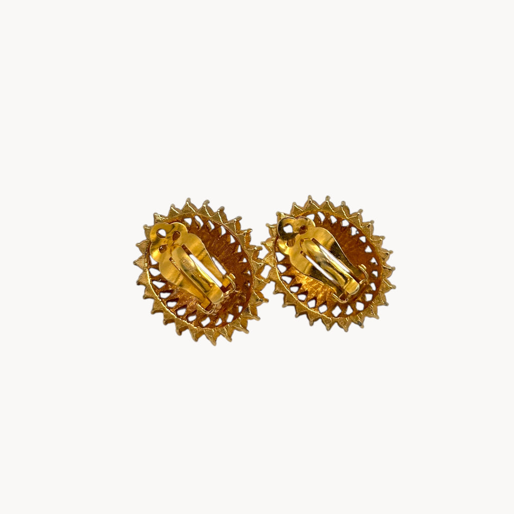 Back view of Gold Joseph Mazer Jomaz White Cabochon & Rhinestone Earrings shown on white background.