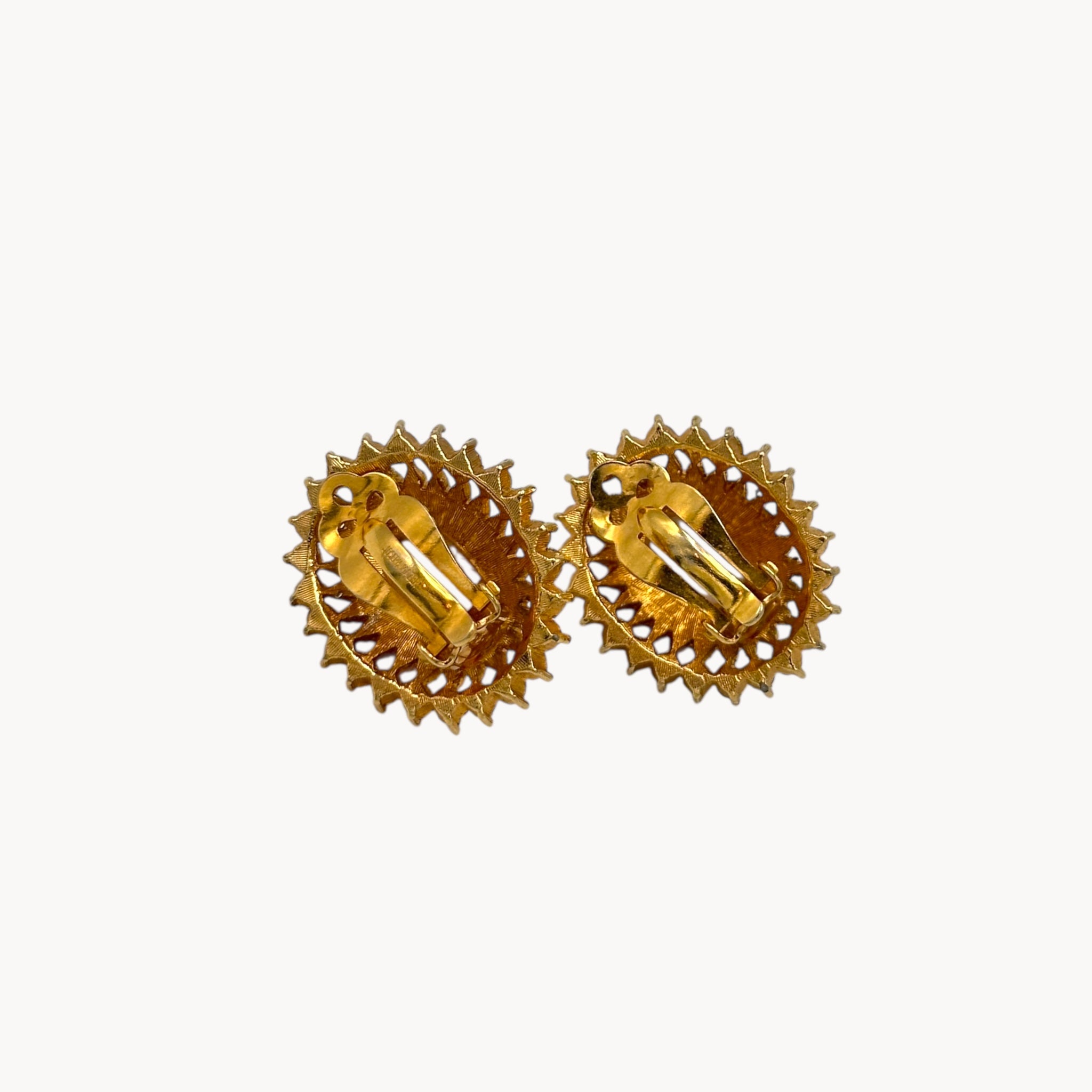 Back view of Gold Joseph Mazer Jomaz White Cabochon & Rhinestone Earrings shown on white background.