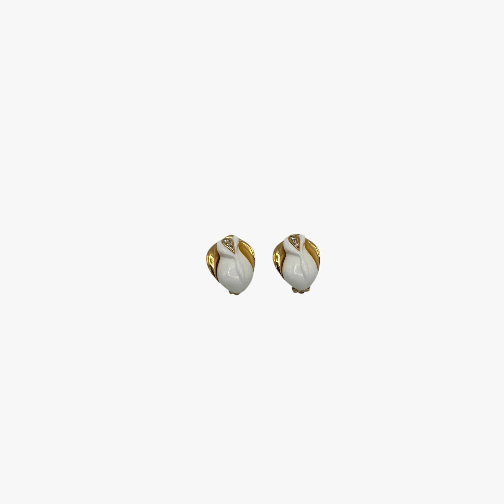 Kenneth Jay Lane for Avon white enamel rose clip-on earrings with gold and crystal accents