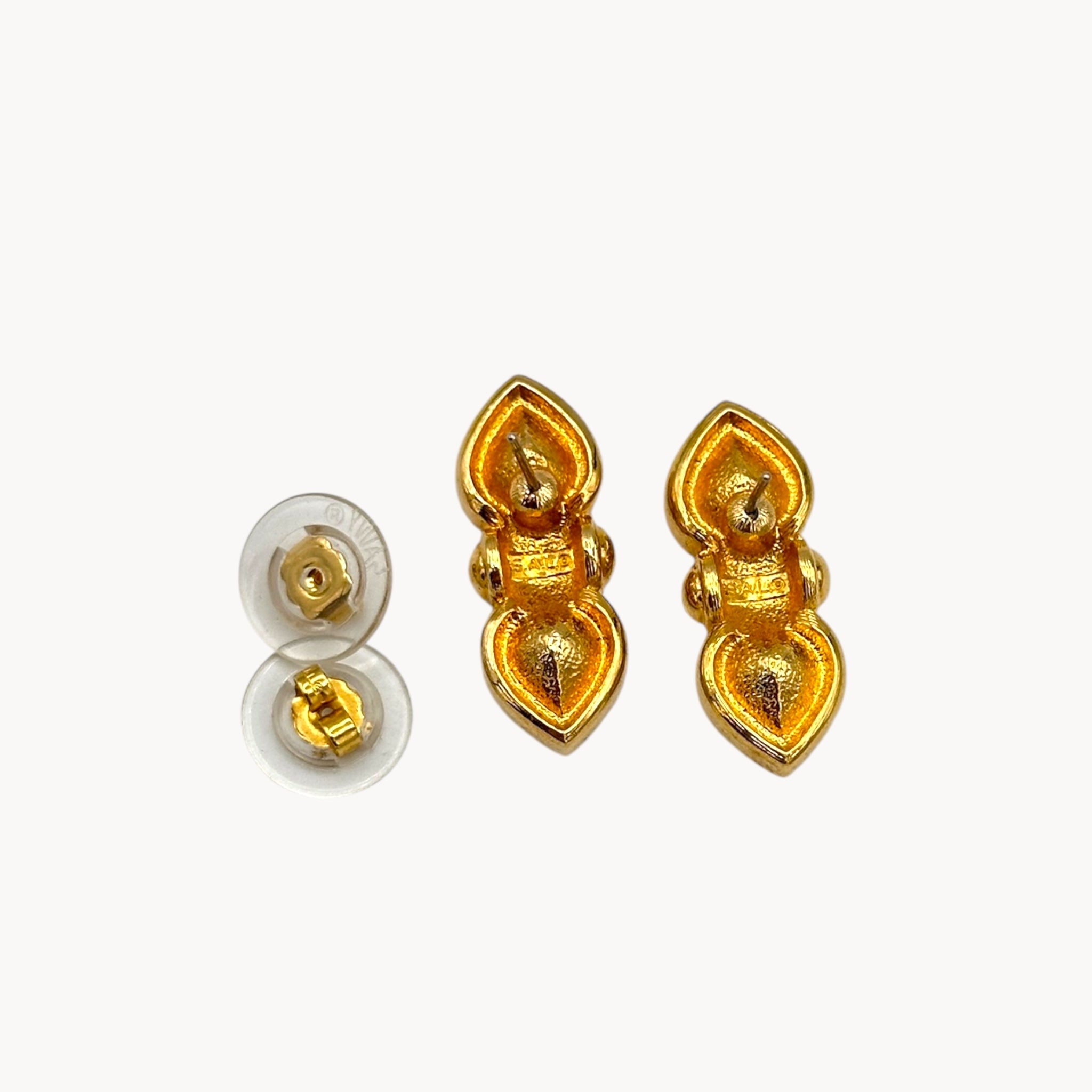 Back view of Vintage Swarovski SAL clear double heart rhinestone pierced earrings.