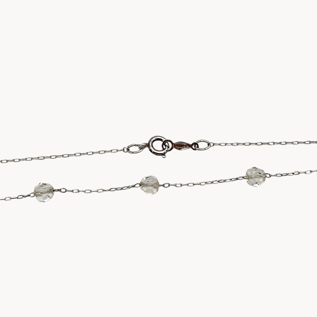 Clasp view of Van Dell sterling silver crystal station necklace, mid-century vintage jewelry.