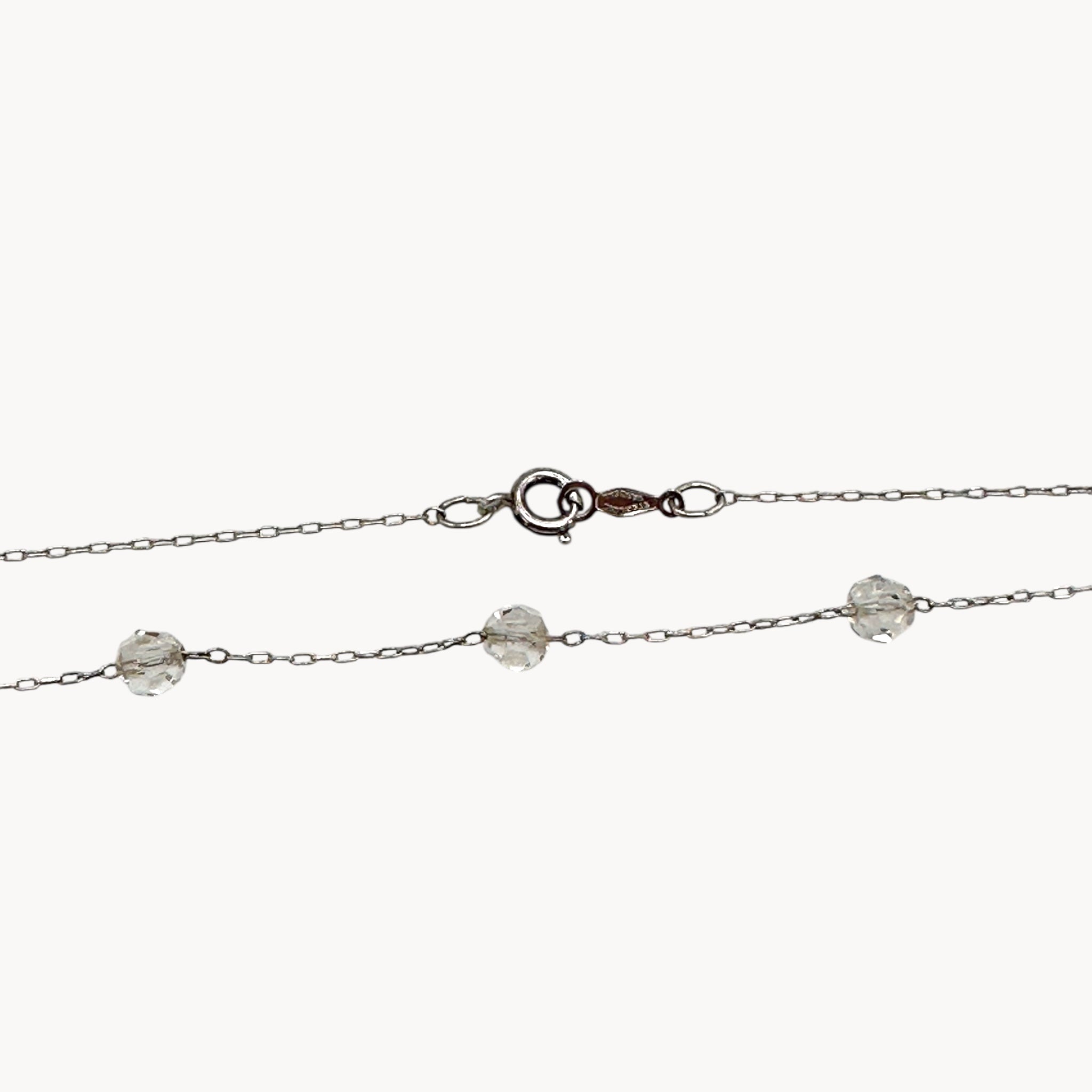Clasp view of Van Dell sterling silver crystal station necklace, mid-century vintage jewelry.