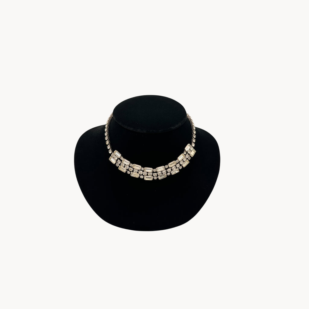 Vintage Art Deco style rhinestone choker necklace with baguette and round stones, unmarked 1950s bridal jewelry