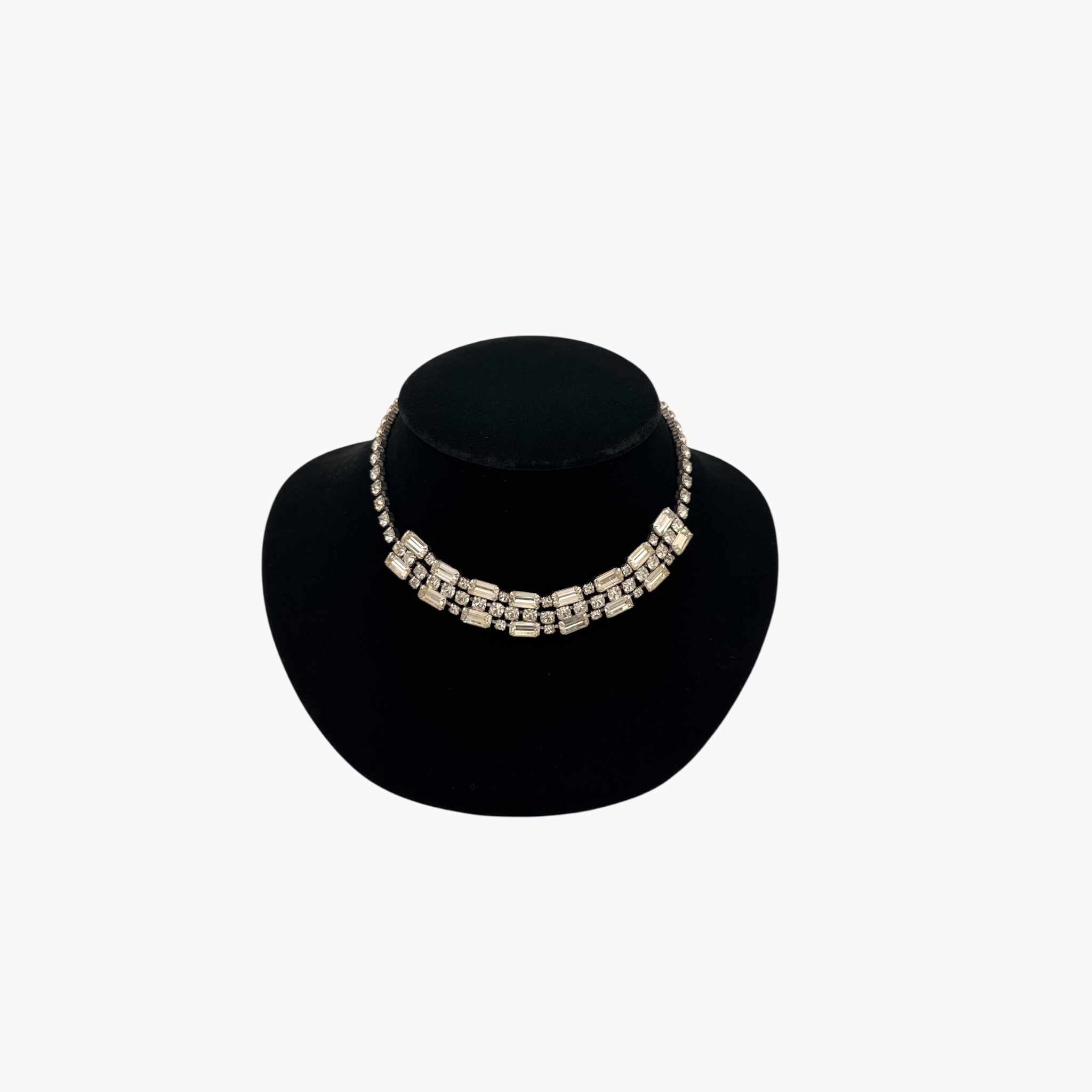 Vintage Art Deco style rhinestone choker necklace with baguette and round stones, unmarked 1950s bridal jewelry