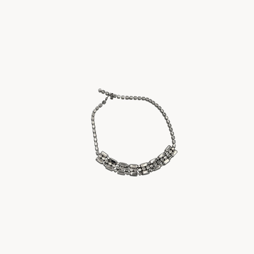Back view of Vintage Art Deco style rhinestone choker necklace with baguette and round stones, unmarked 1950s bridal jewelry