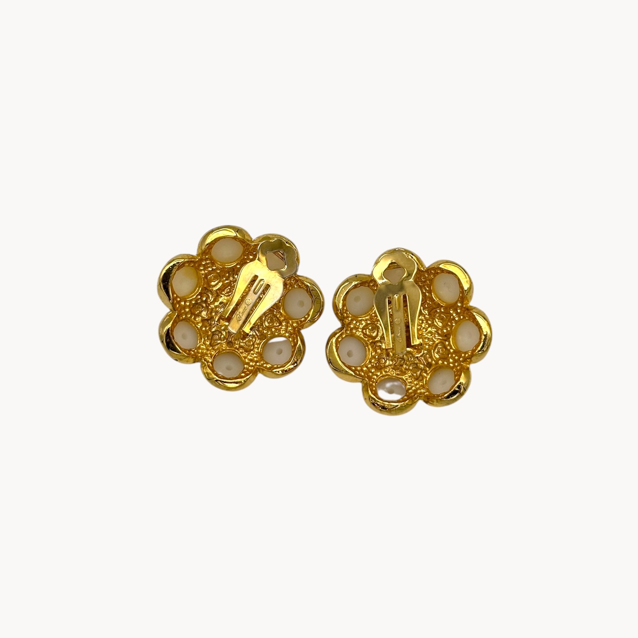 back view Vintage Blanca clip-on earrings with faux pearl cluster and crystal accents in floral design, 1980s–1990s bridal jewelry.