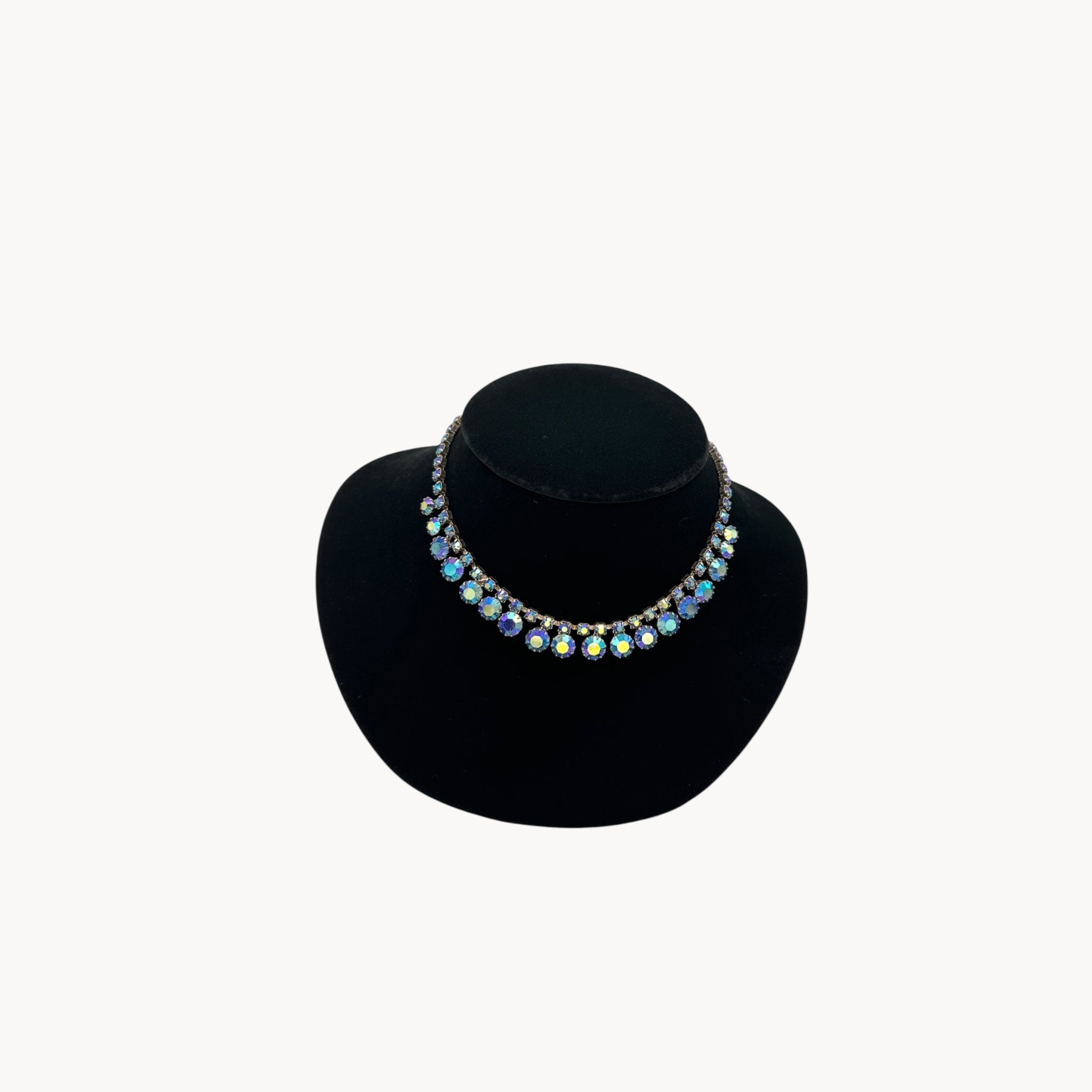 Vintage unmarked blue aurora borealis rhinestone necklace, 1950s–1960s mid-century bridal jewelry.
