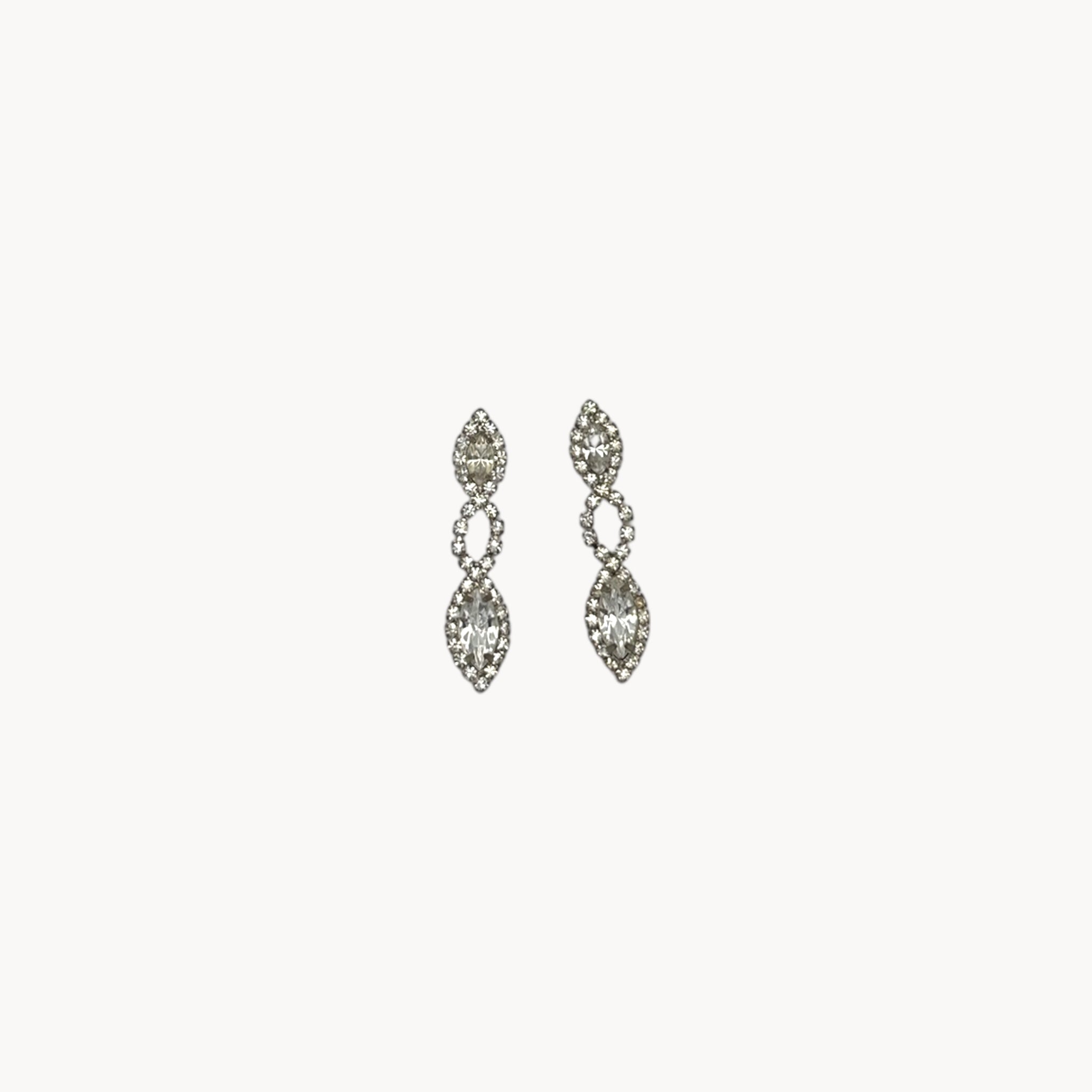 Vintage clear rhinestone dangle pierced earrings with marquise stones, bridal jewelry