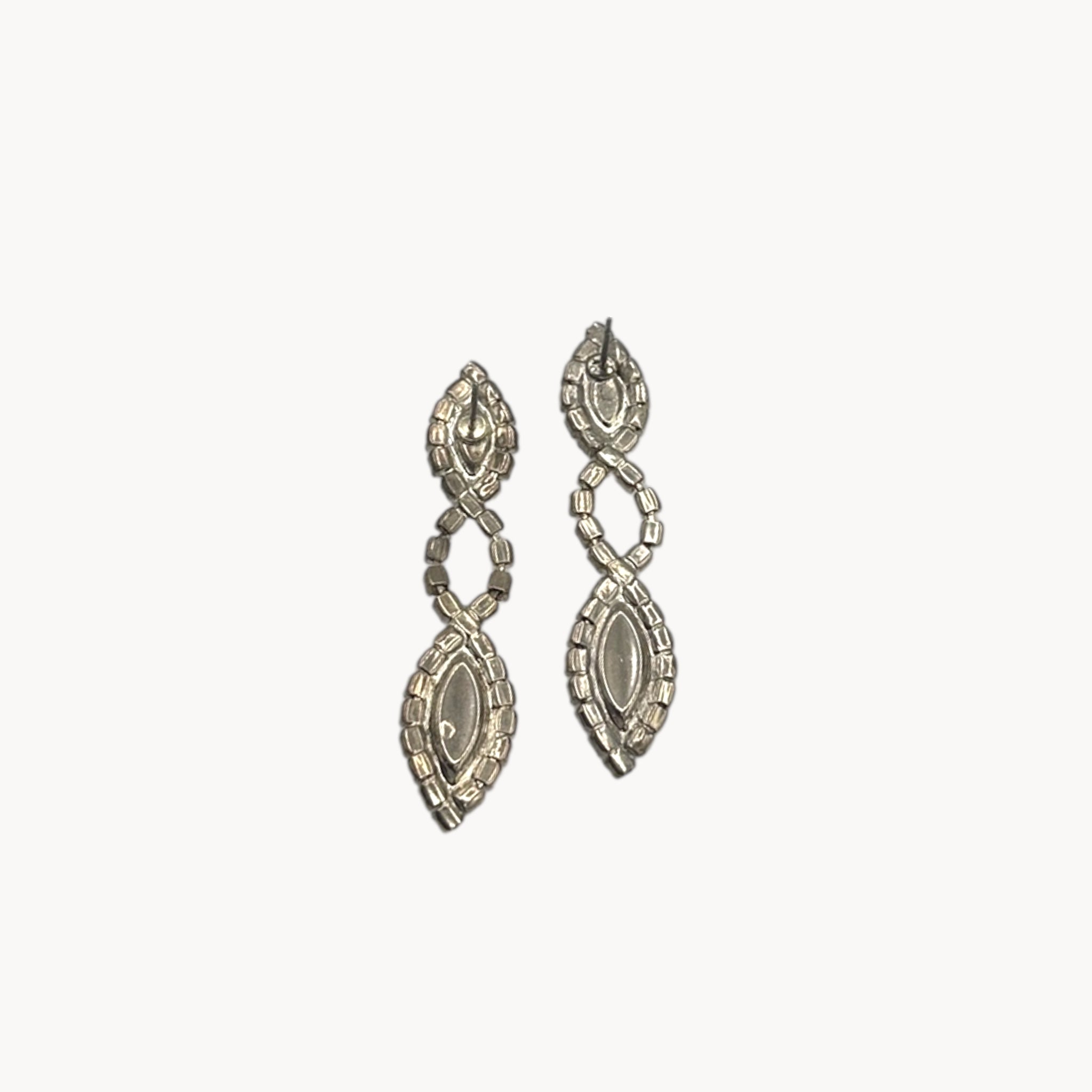 Back view of Vintage clear rhinestone dangle pierced earrings with marquise stones, bridal jewelry.