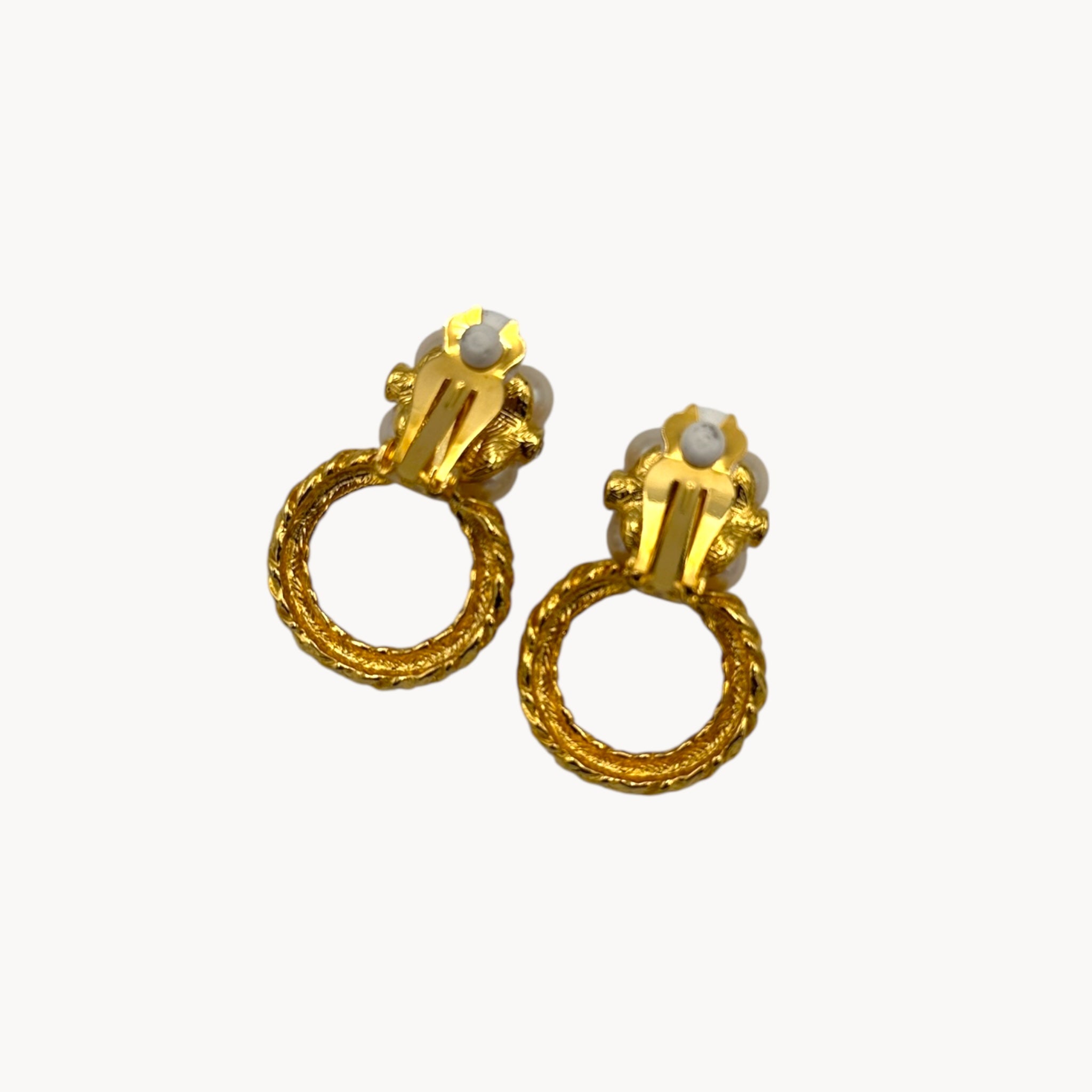 back view Vintage unmarked gold door knocker clip-on earrings with faux pearl clusters and crystal accents, 1980s–1990s bridal statement jewelry.