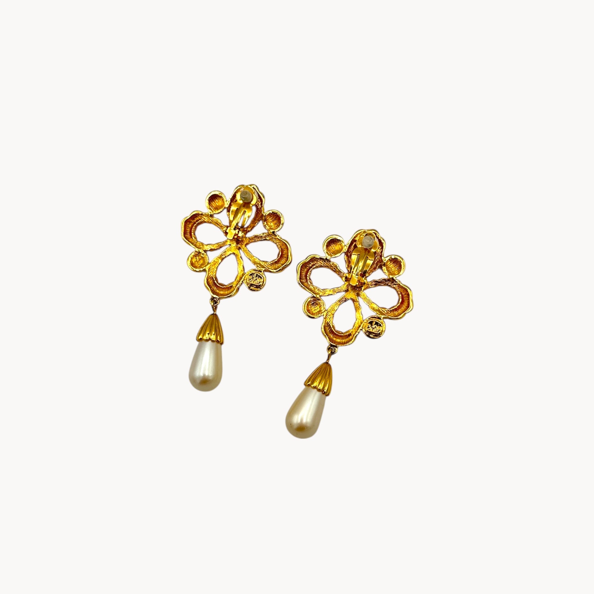 back view Vintage Joan Rivers clip-on earrings with gold filigree design and faux pearl drops, 1990s bridal jewelry.