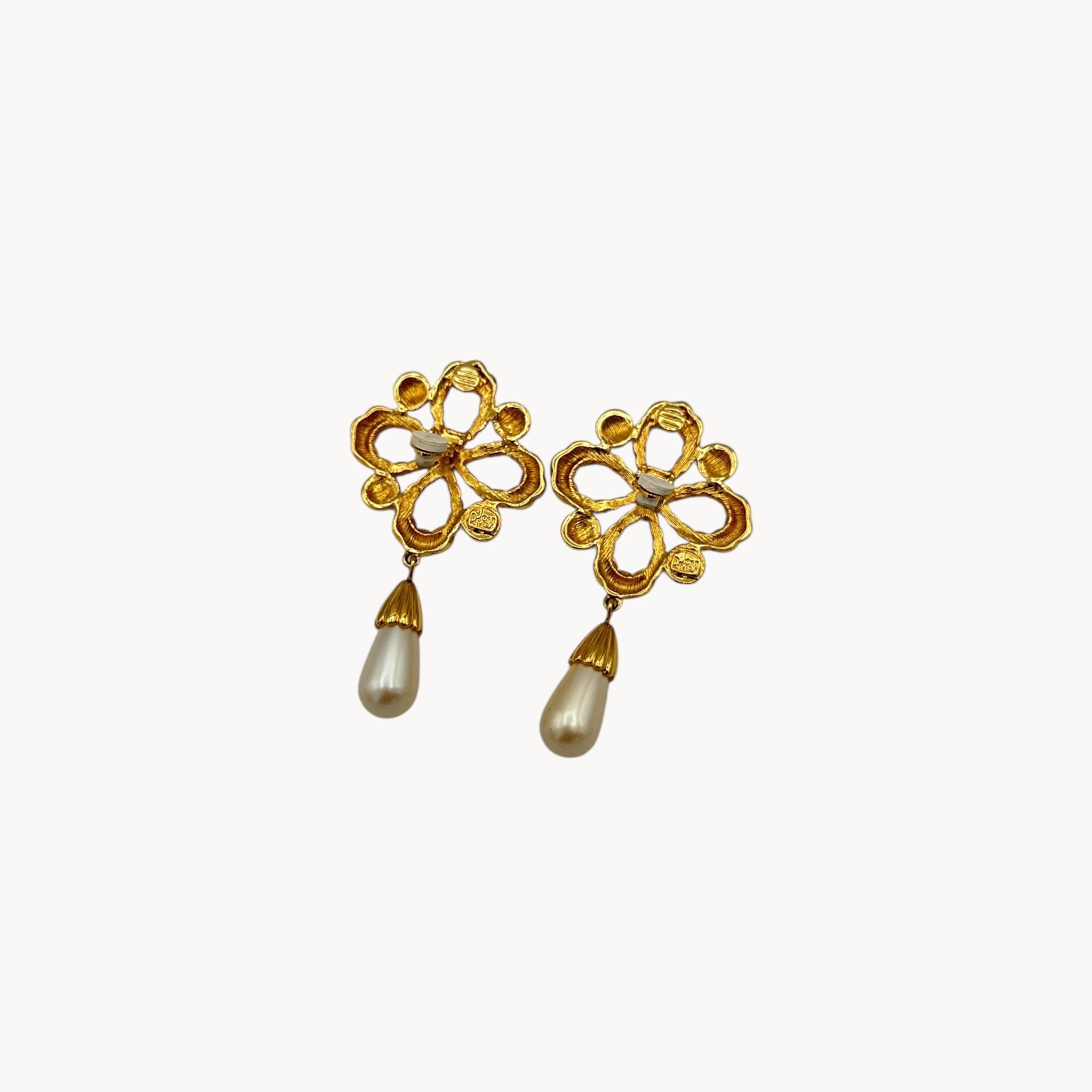 Back view with clips up Vintage Joan Rivers clip-on earrings with gold filigree design and faux pearl drops, 1990s bridal jewelry.
