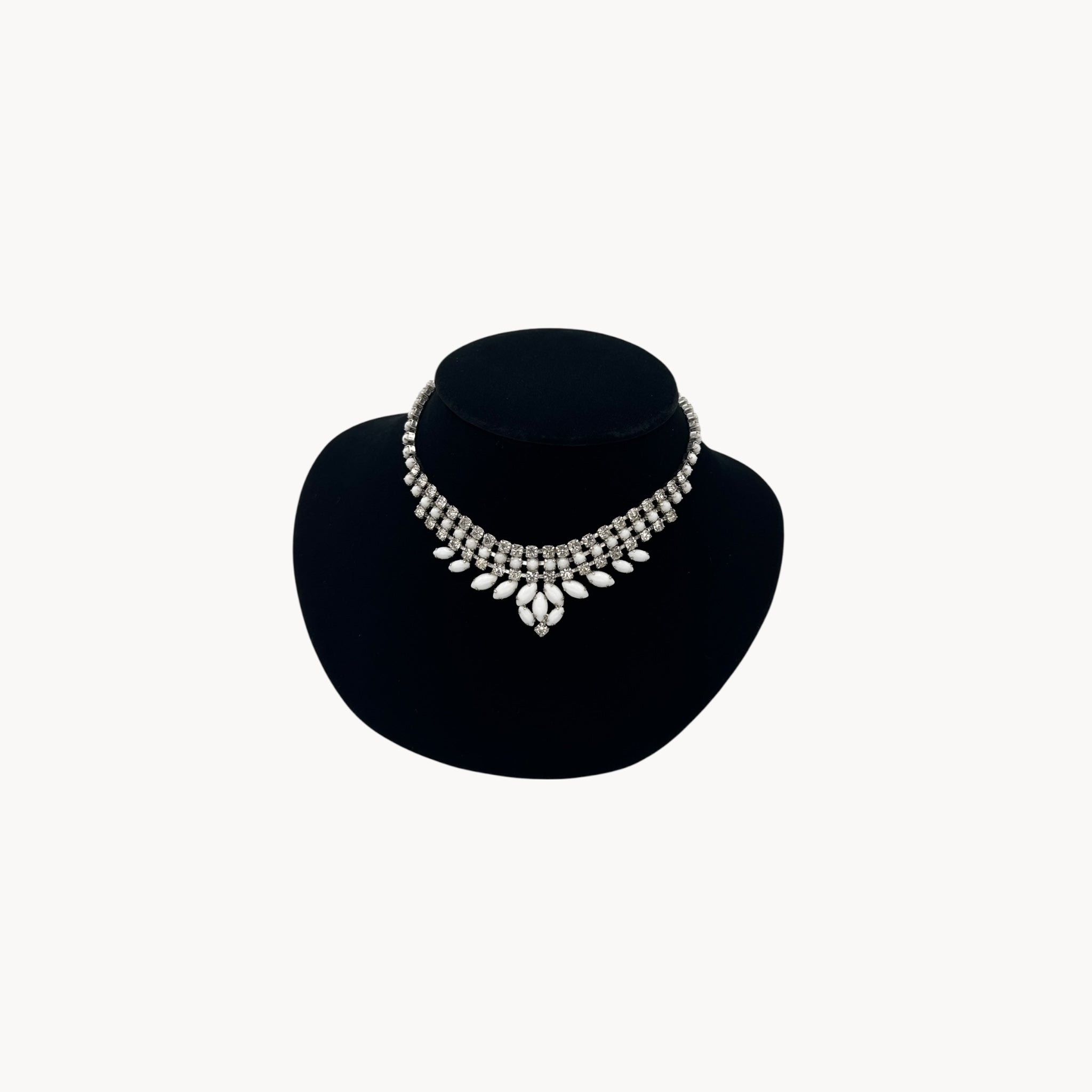 Vintage Joseph Warner rhinestone necklace with tiered clear crystals and white marquise accents, 1950s–1960s bridal statement jewelry.