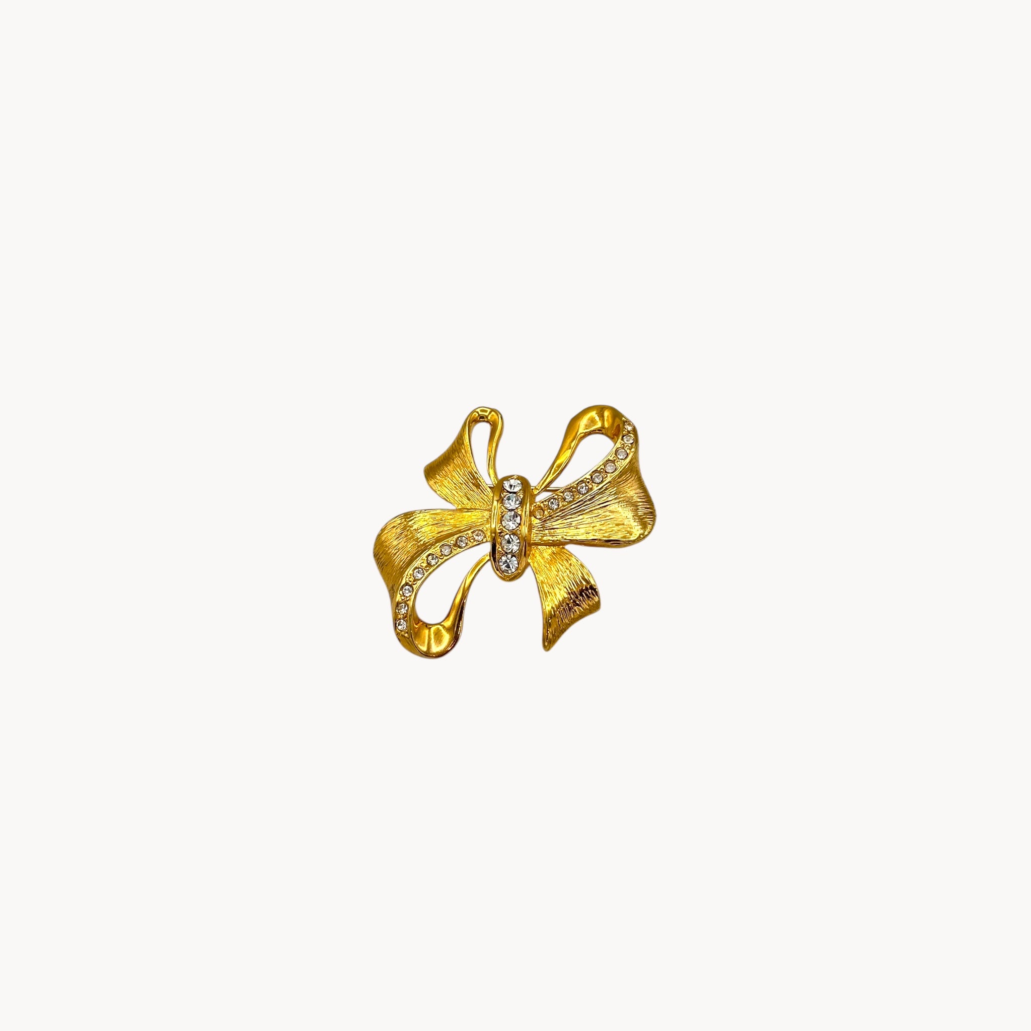 Vintage Lady Remington gold bow brooch with crystal accents, 1980s bridal jewelry accessory.