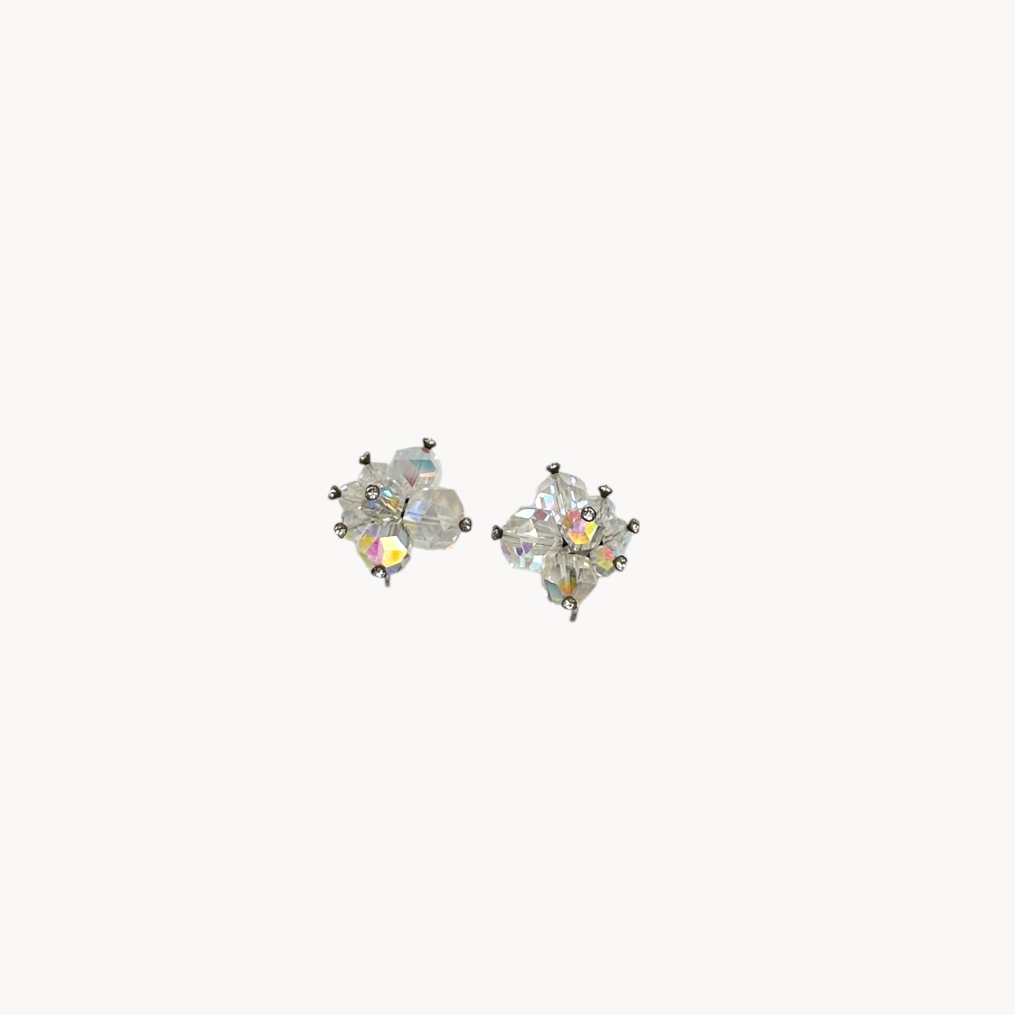 1950s Laguna crystal cluster clip-on earrings with aurora borealis finish, vintage bridal jewelry