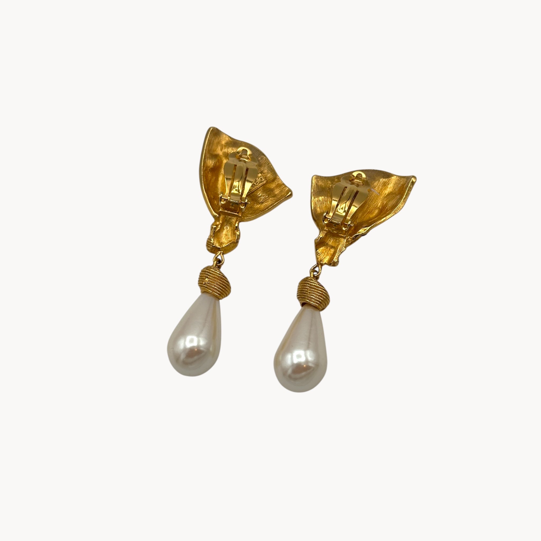 back view Vintage Marvella clip-on earrings with gold fan-shaped tops, crystal accents, and faux pearl drops, 1980s bridal jewelry.