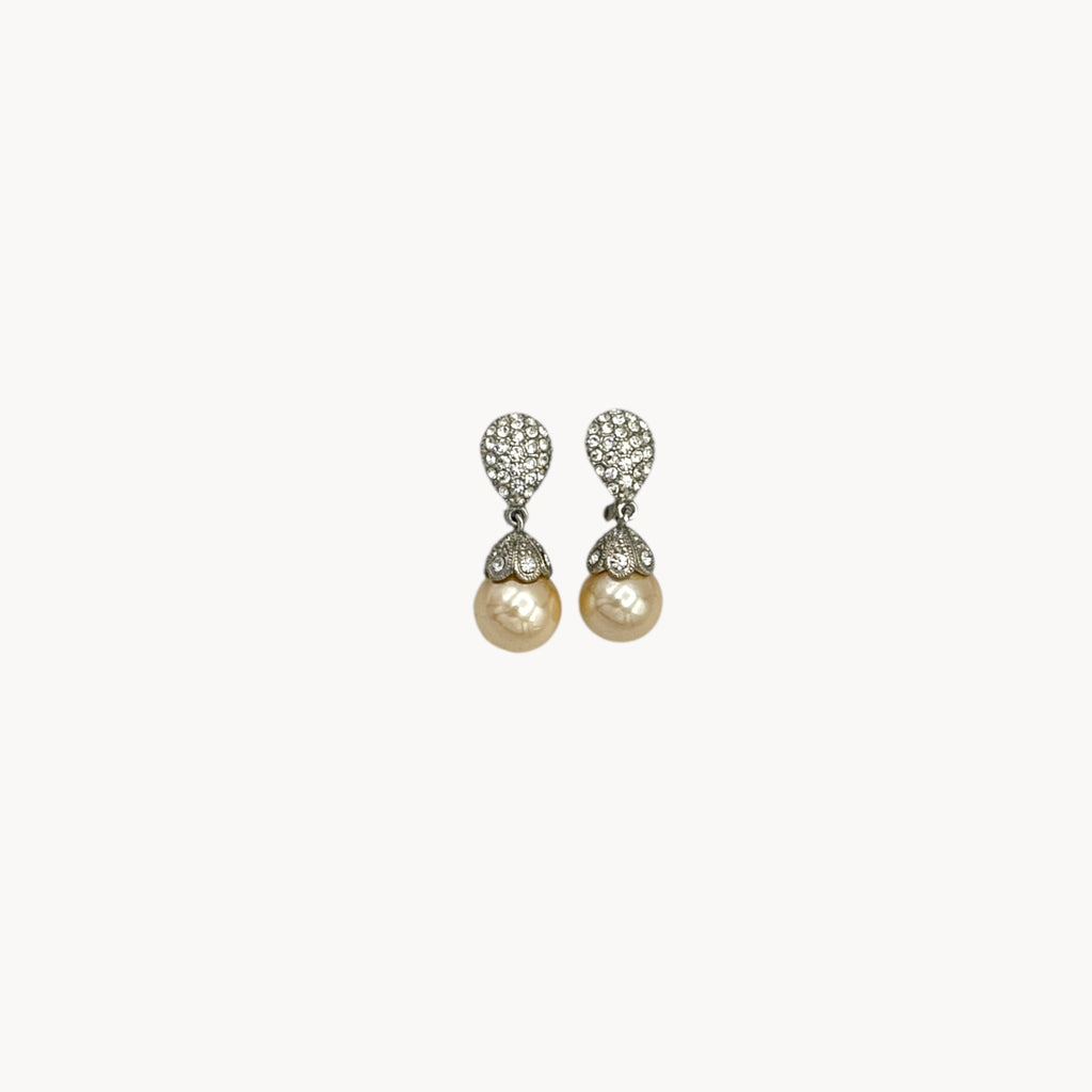 Vintage Monet clip-on earrings with faux pearls and pavé crystal accents, 1990s bridal jewelry.