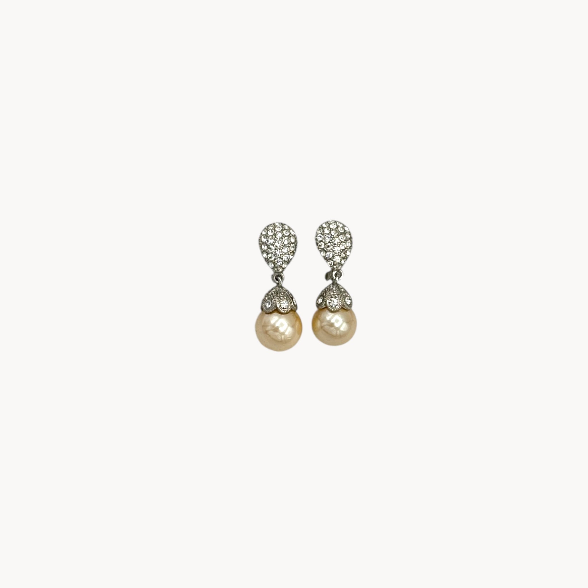 Vintage Monet clip-on earrings with faux pearls and pavé crystal accents, 1990s bridal jewelry.