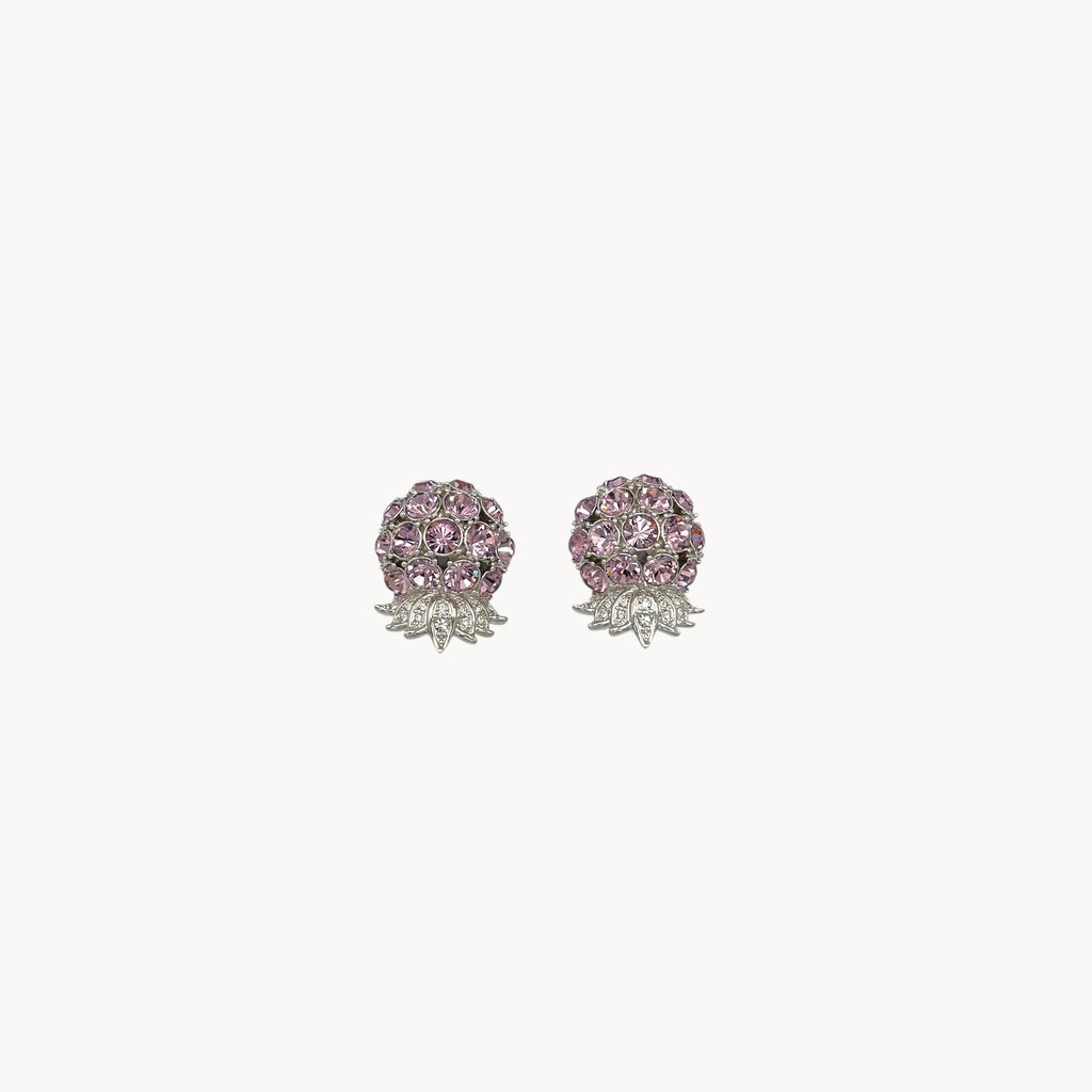 Vintage Nolan Miller rhinestone floral clip-on earrings with silver-tone leaves