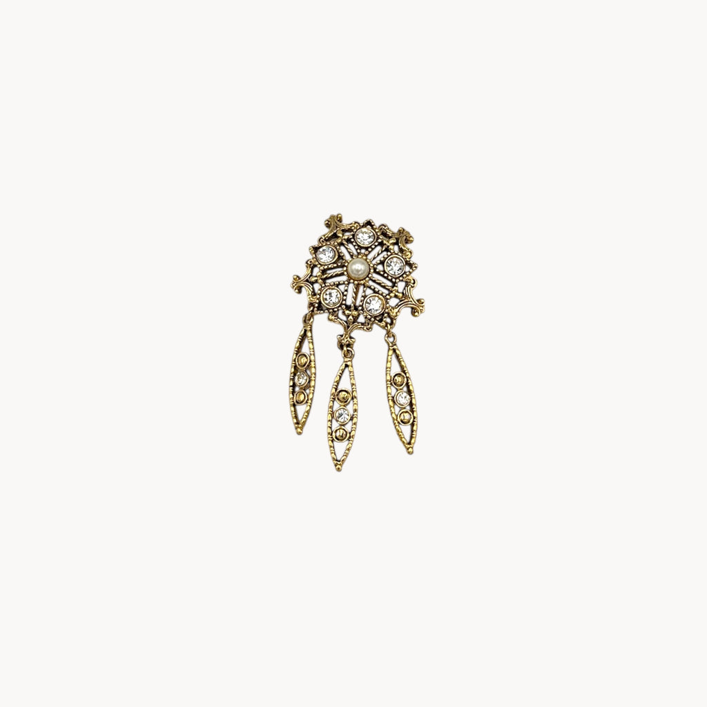 Vintage pearl and rhinestone drop brooch with three dangles in Victorian revival style