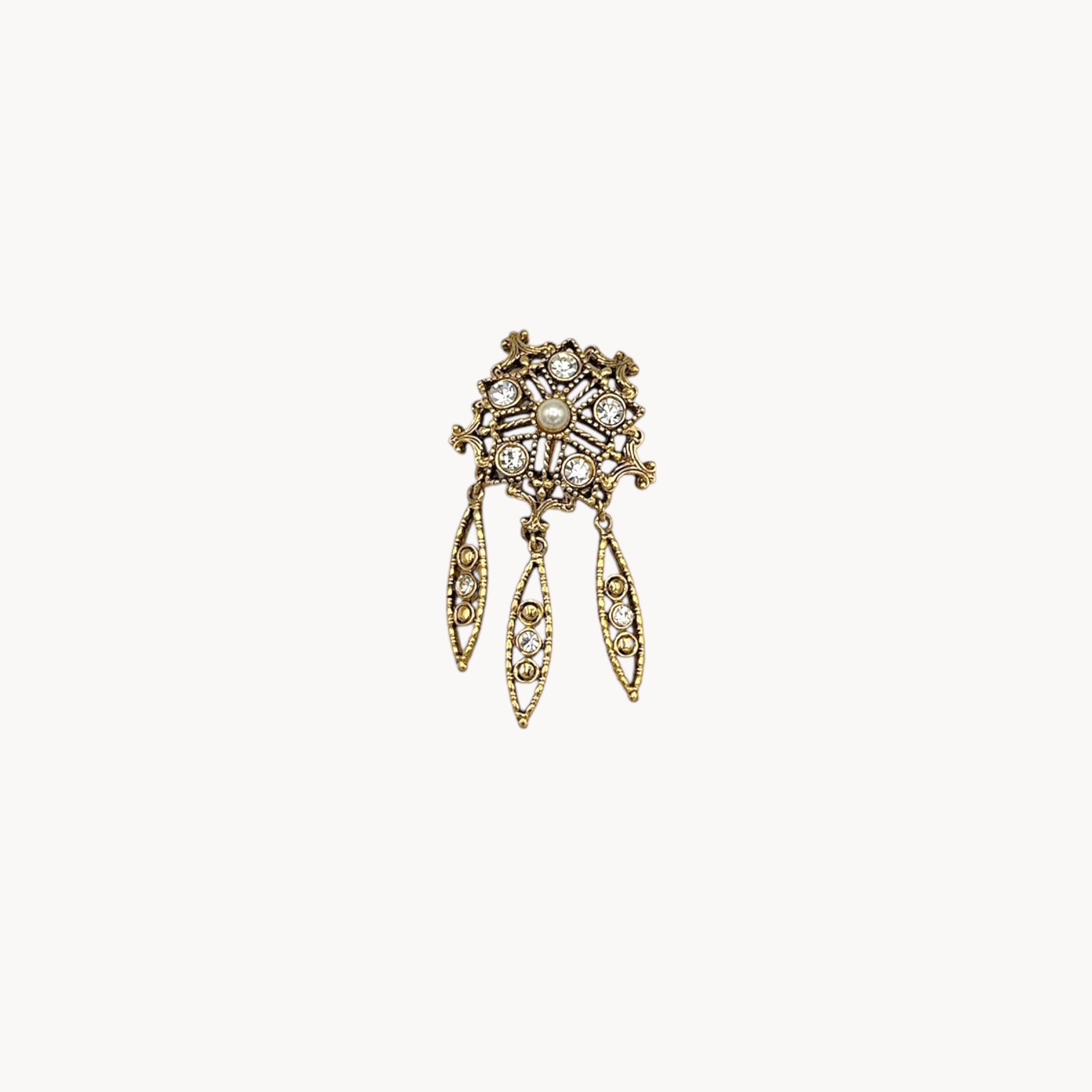 Vintage pearl and rhinestone drop brooch with three dangles in Victorian revival style
