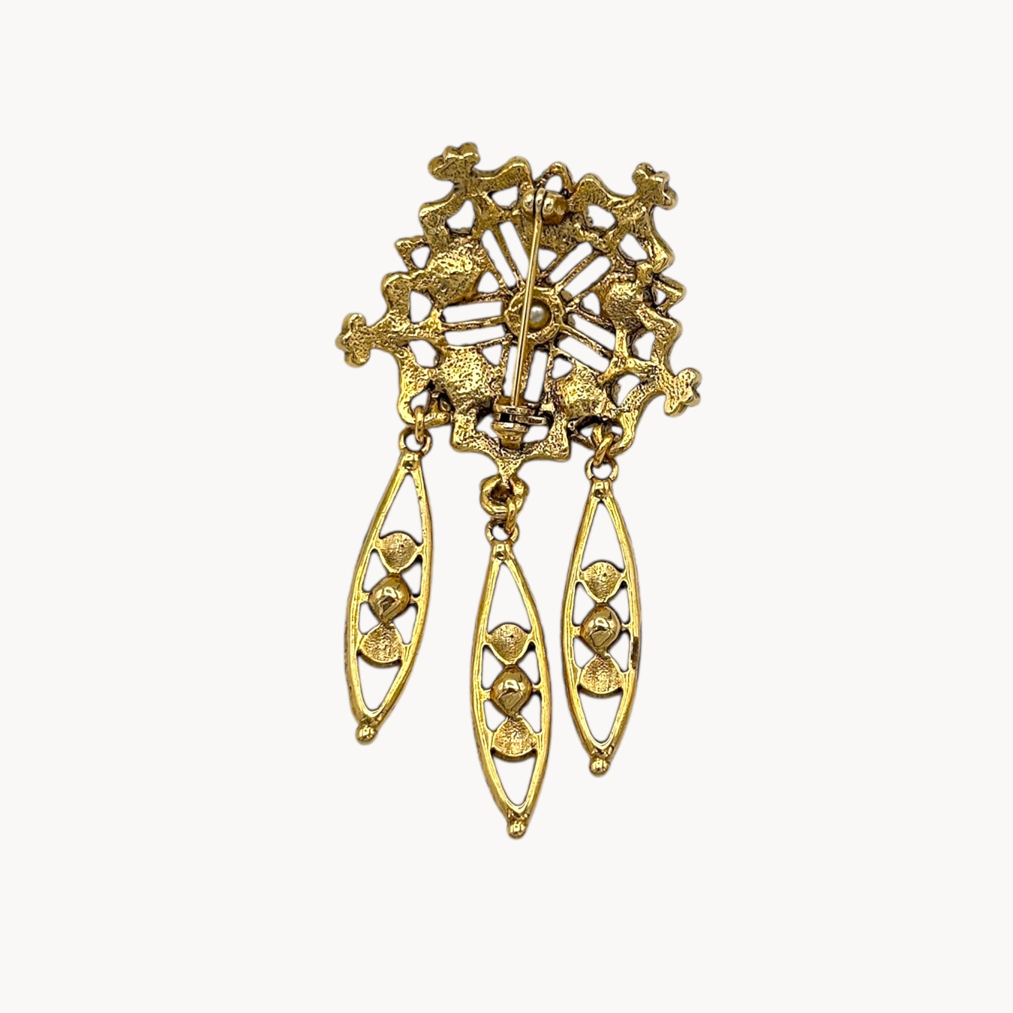 Back view of Vintage pearl and rhinestone drop brooch with three dangles in Victorian revival style