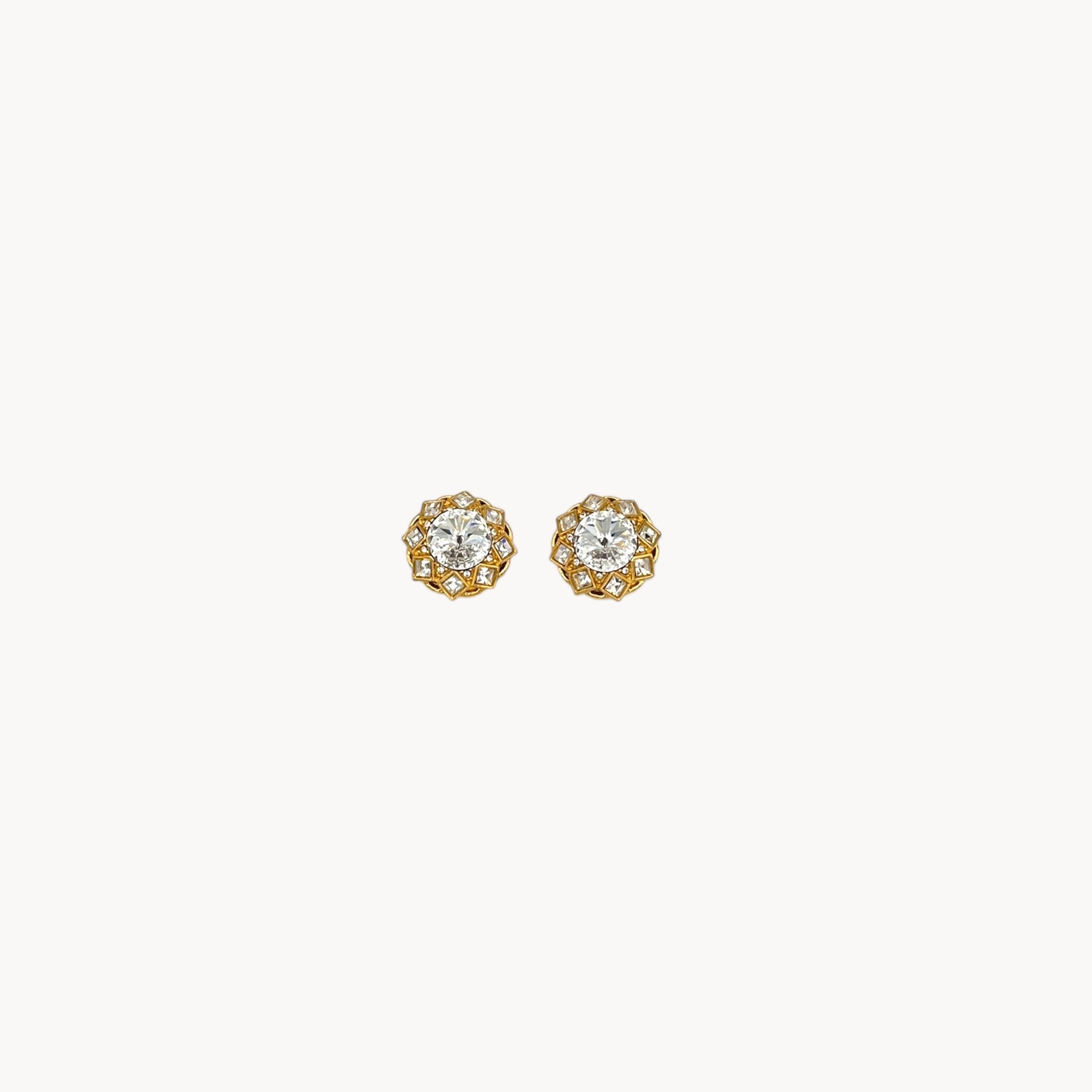 Vintage St. John clip-on earrings with round crystal centers and square-cut crystal frame in gold-tone setting, bridal jewelry.