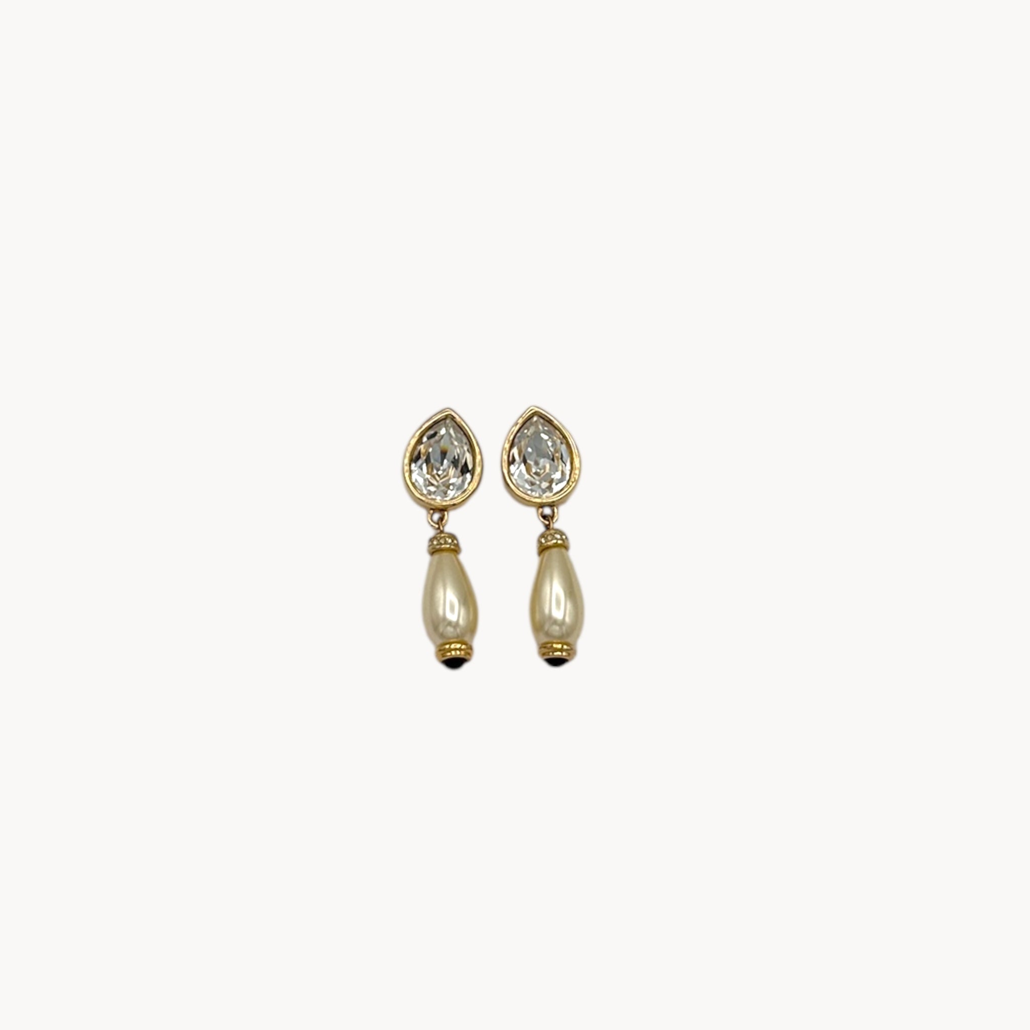 Swarovski Crystal & Faux Pearl Drop Pierced Earrings on white background.
